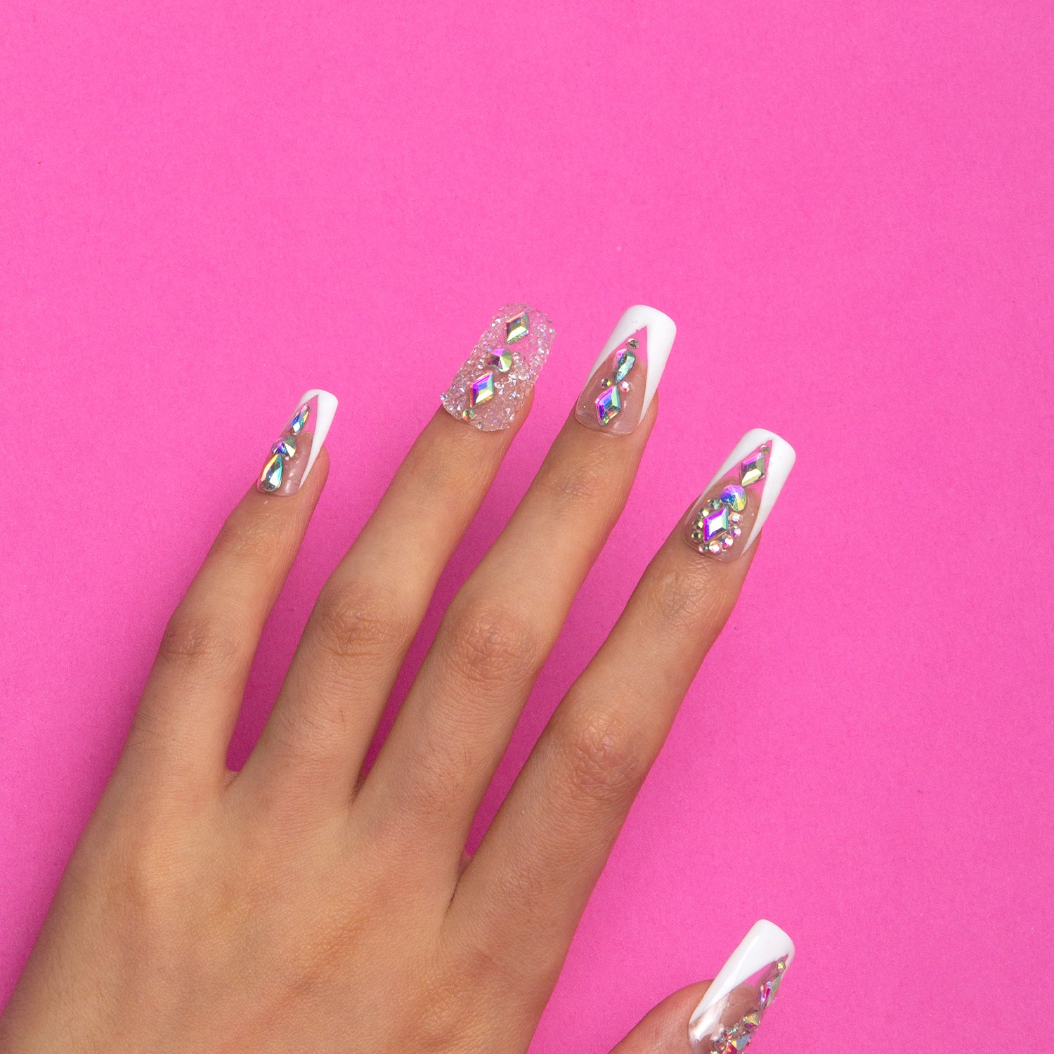Aurora Light Square Press-On Nails with Gemstones - Ready to Ship