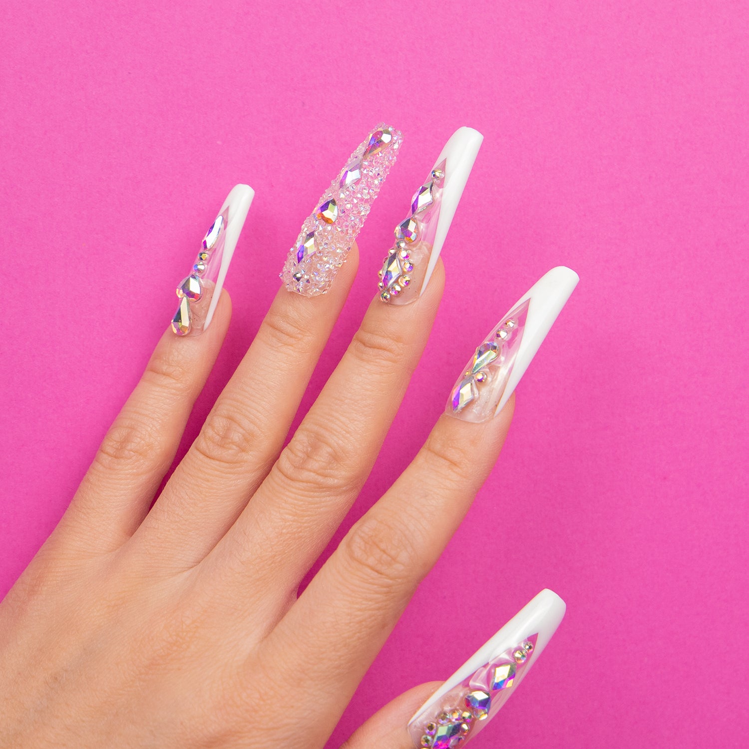 Aurora Light press-on nails with iridescent gemstones and micro-diamonds