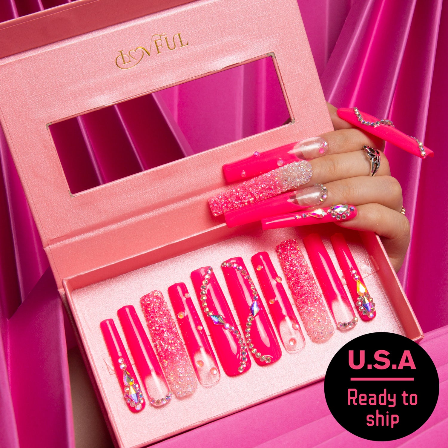 Pink Typhoon press on nails, square shape, ready to ship