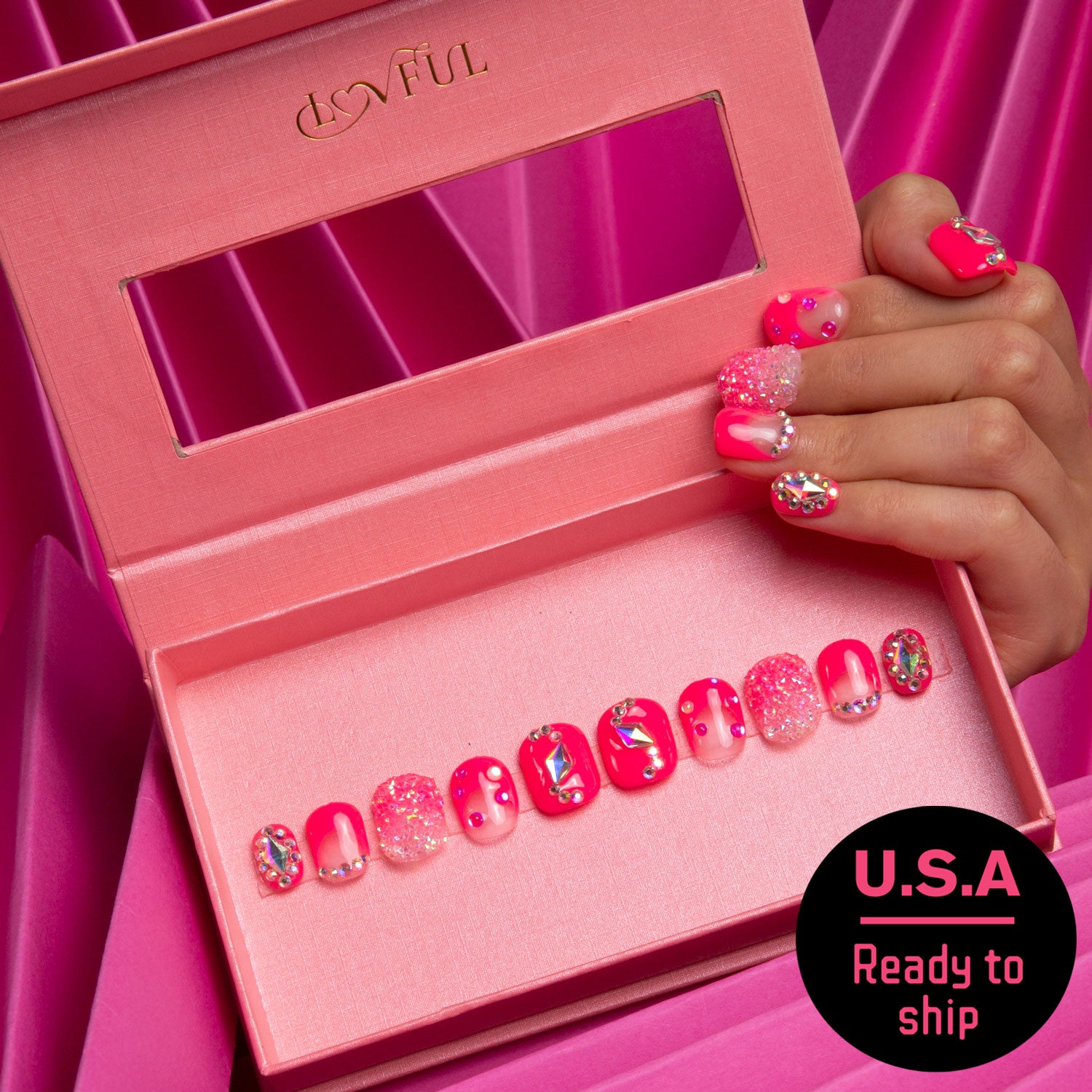 Pink Typhoon press on nails, square shape, ready to ship
