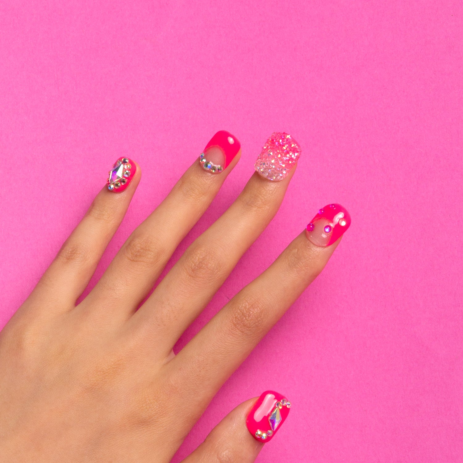 Pink Typhoon press on nails, square nails with rhinestones, ready to ship