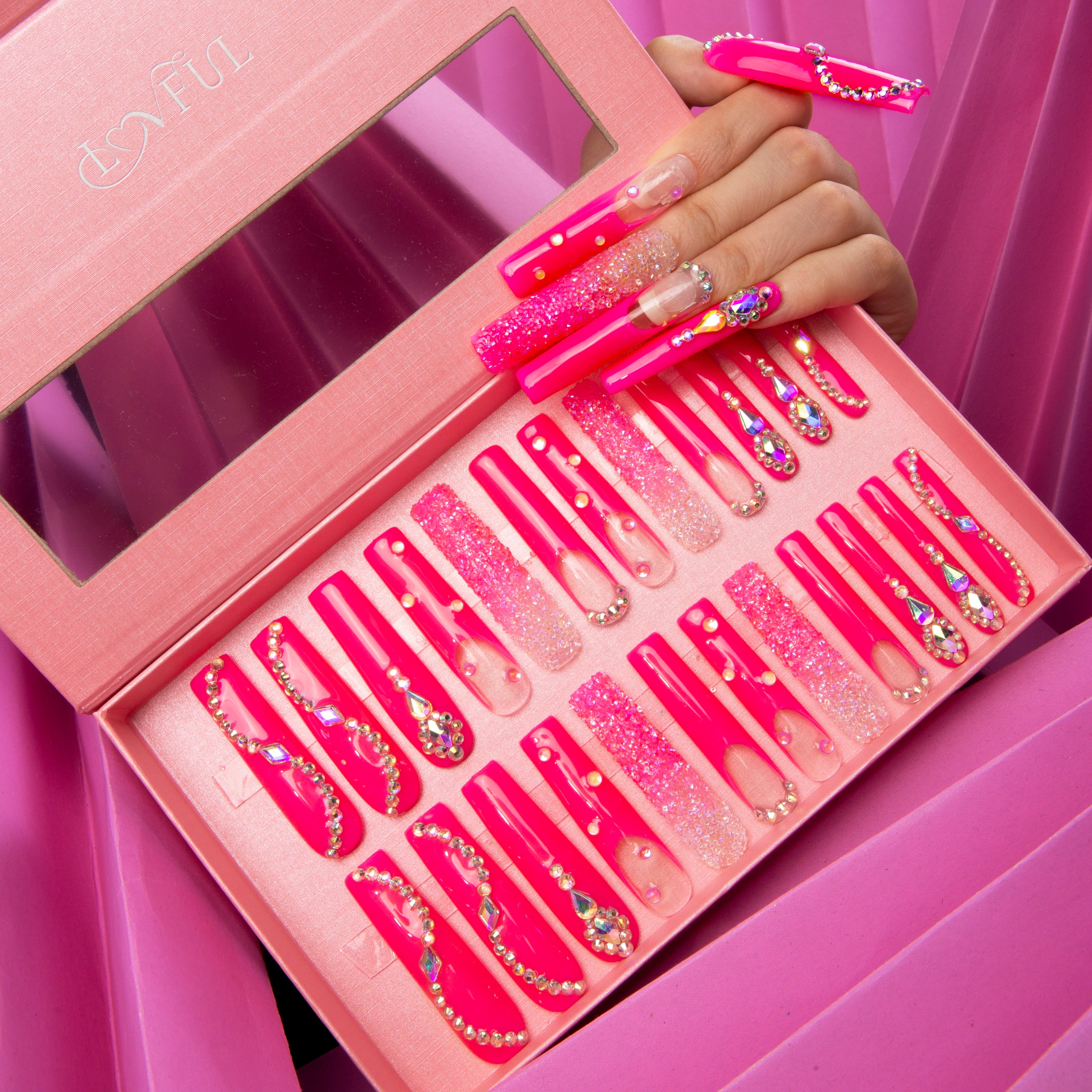 Pink Typhoon press on nails by Lovful, pink acrylic nails with rhinestones