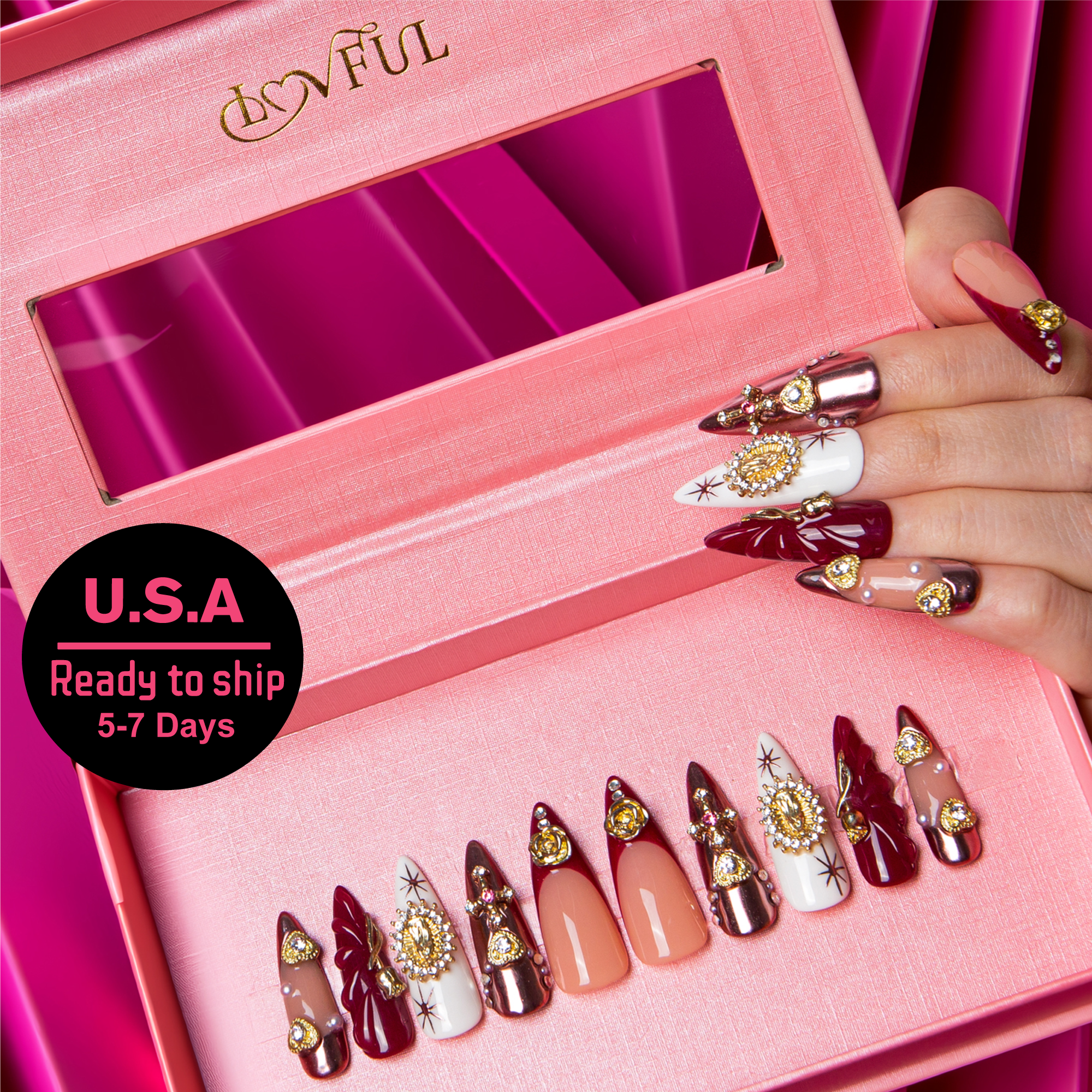 Royal Crimson Handmade Stiletto Nails H383 RTS