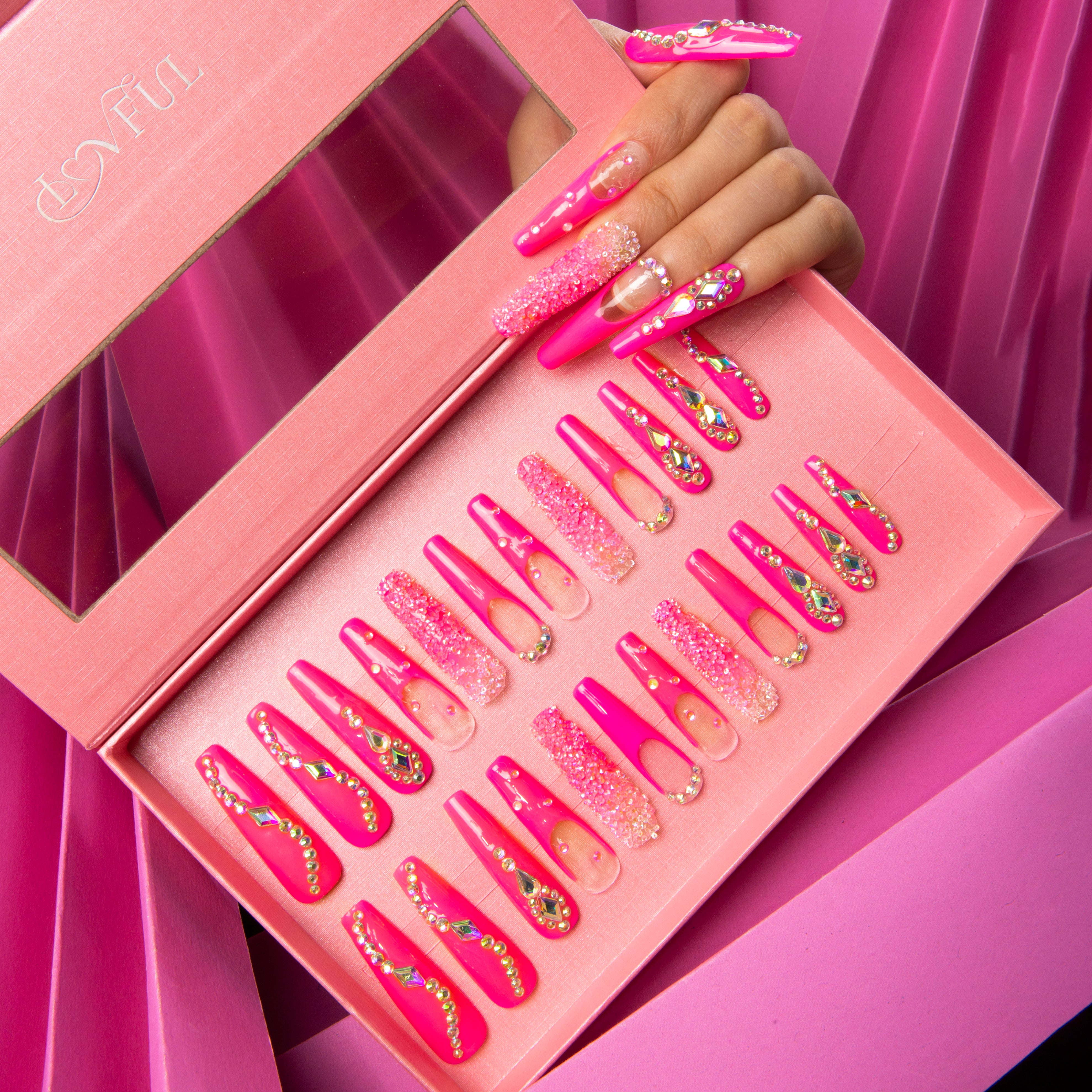 Pink Typhoon press on nails, rhinestone acrylic nail set