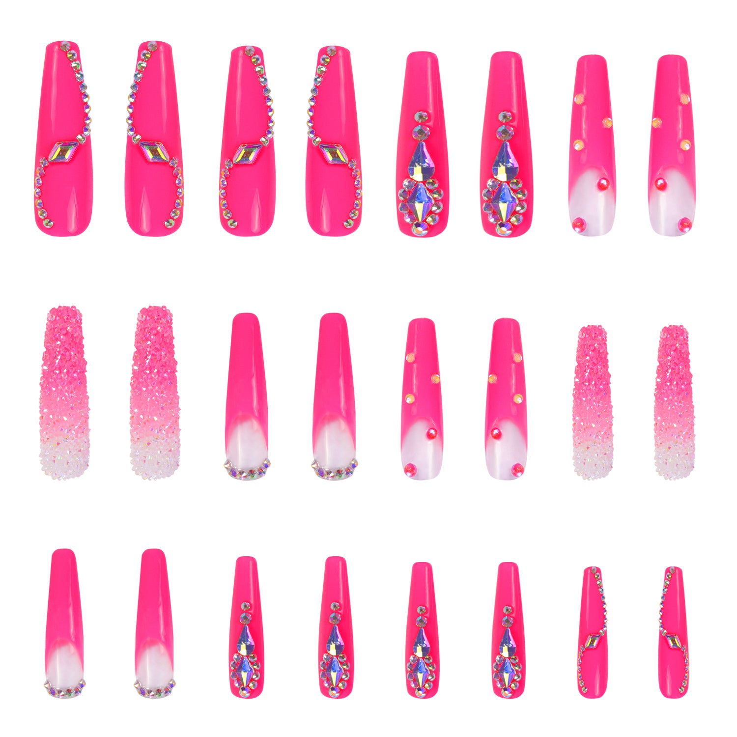 Pink Typhoon press on nails, acrylic nails with rhinestone and sugar detailing