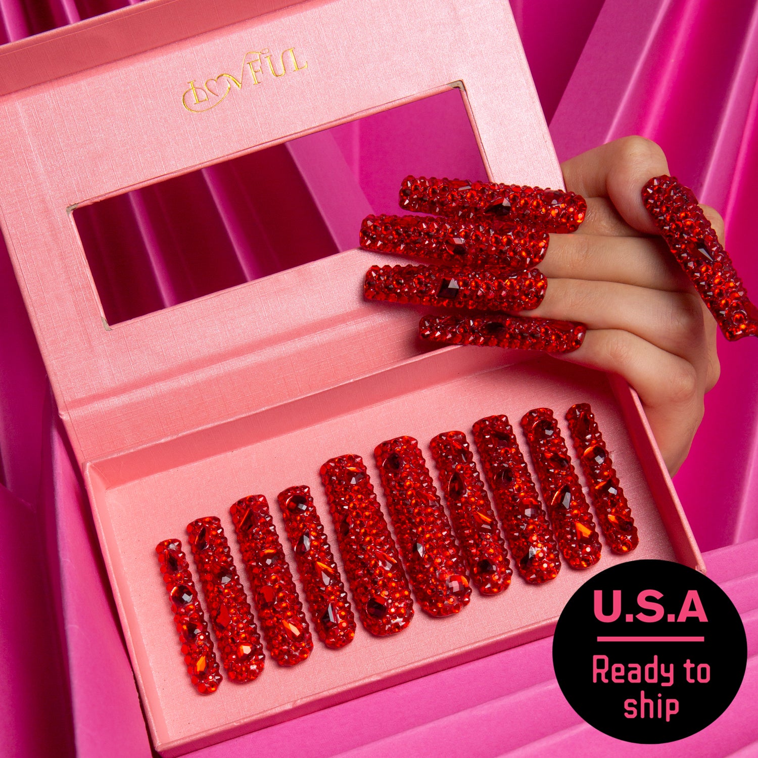 Flaming Sex Red Handmade Square Nails H39 RTS