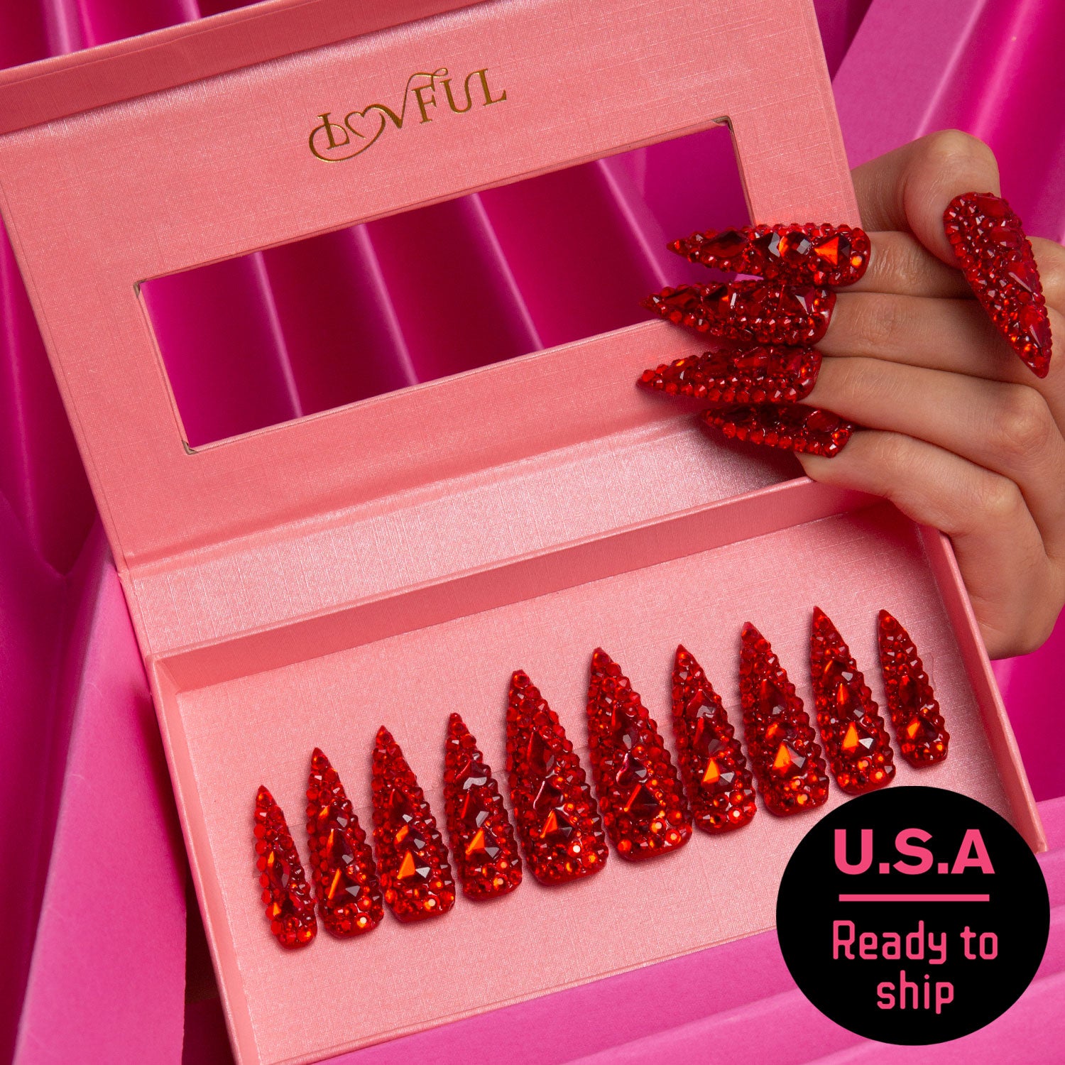 Flaming Sex Red Handmade Stiletto Nails H39 RTS