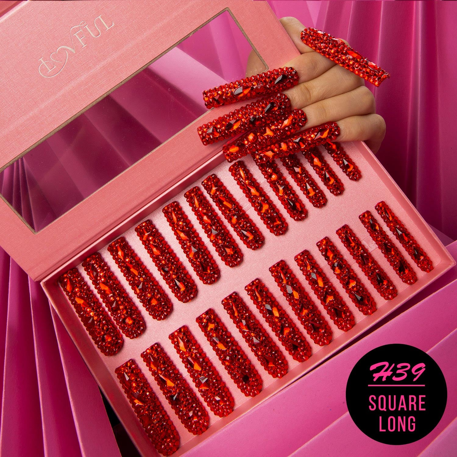 red rhinestone press on nail