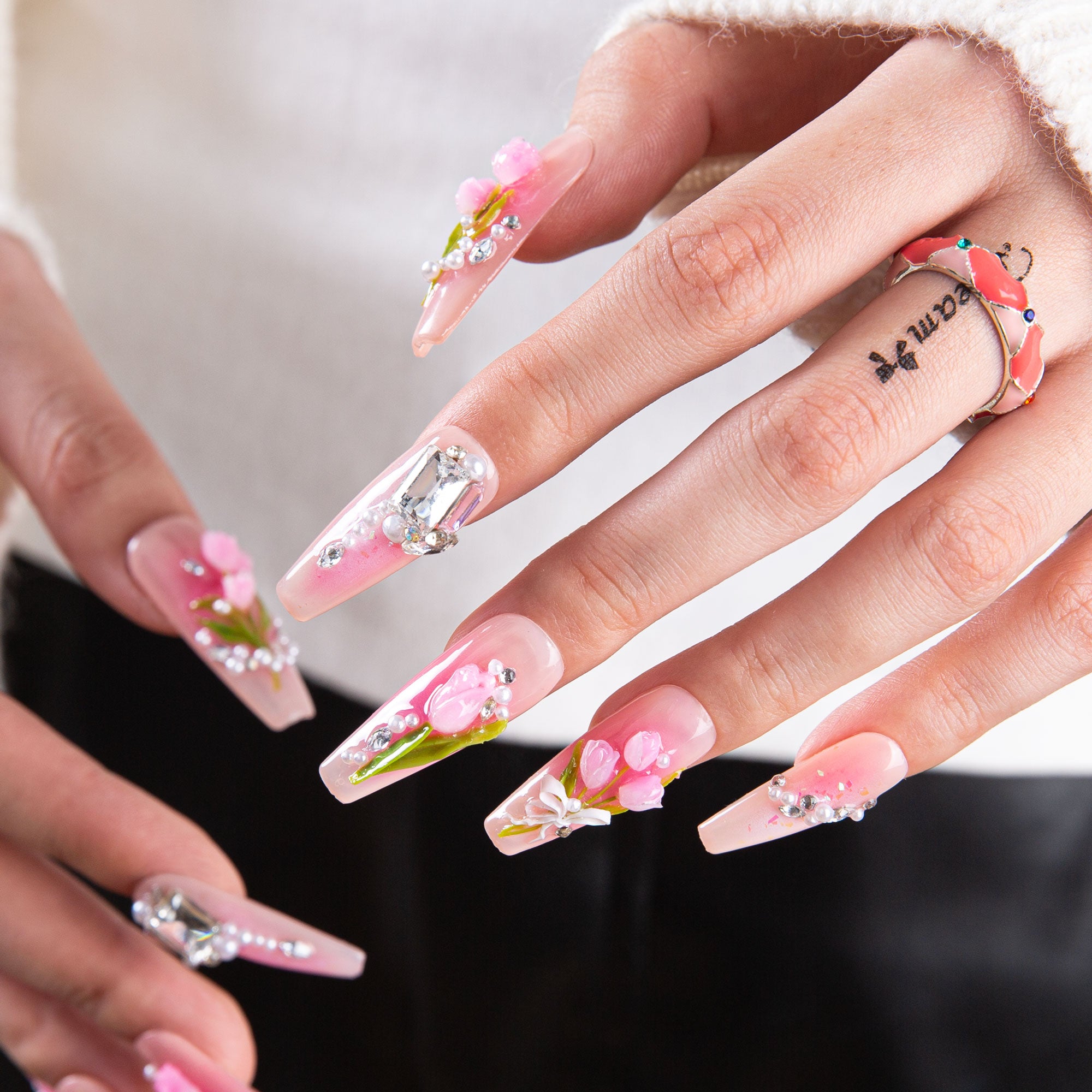 Blushing Tulips Handmade Coffin Nails H459 RTS