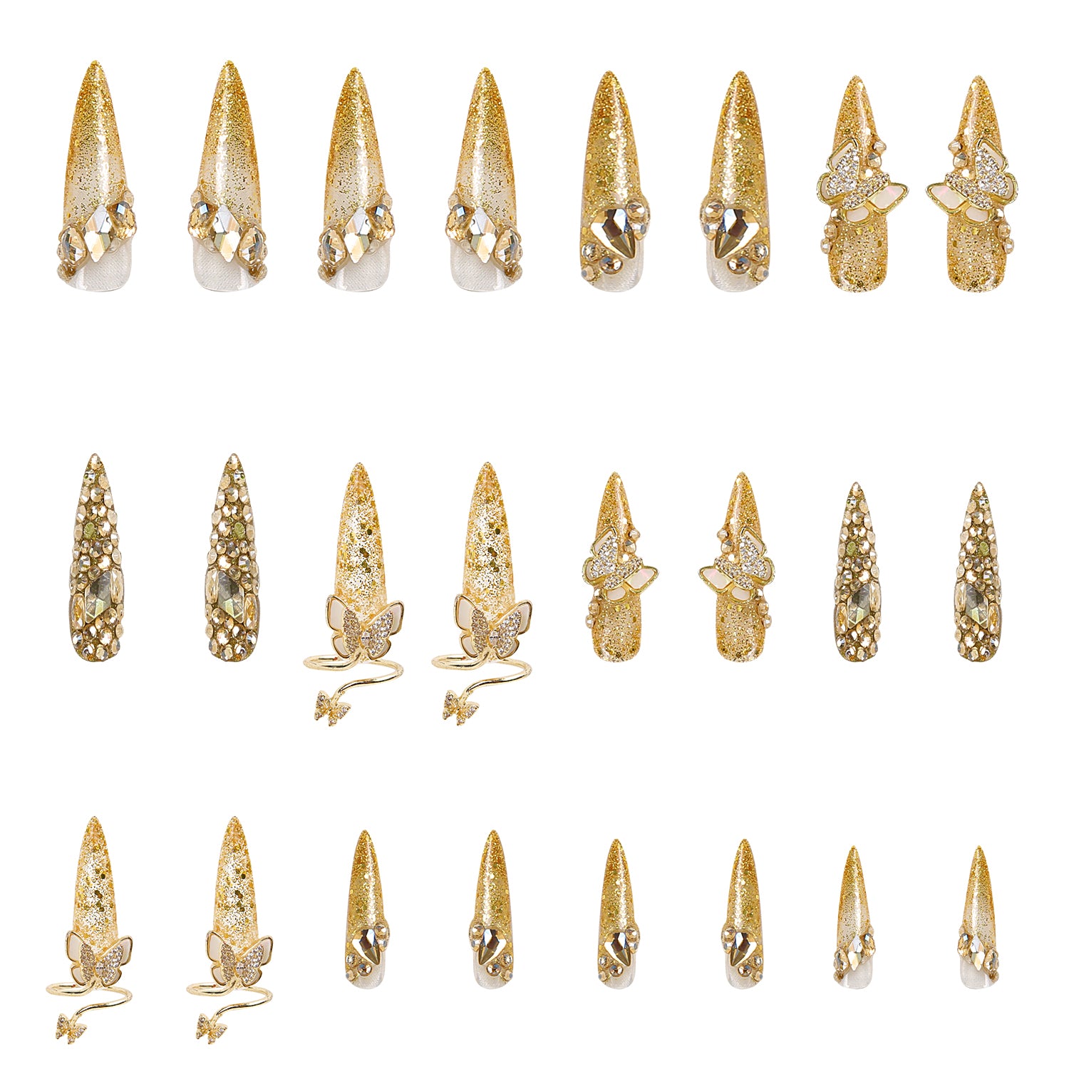 Gold butterfly press-on nails, rhinestones, glitter, luxury nail set