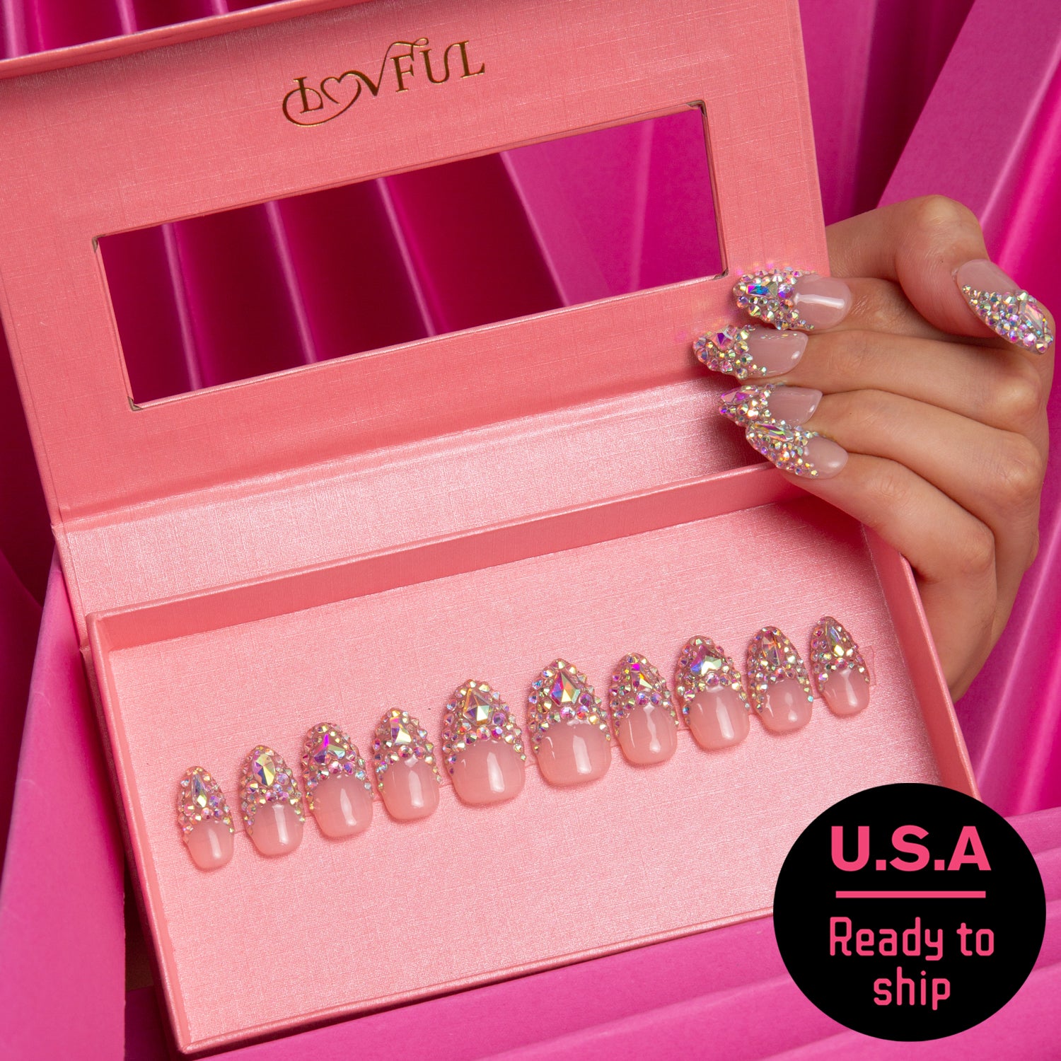Angel's Tear Rhinestone Handmade Almond Nails H48 RTS