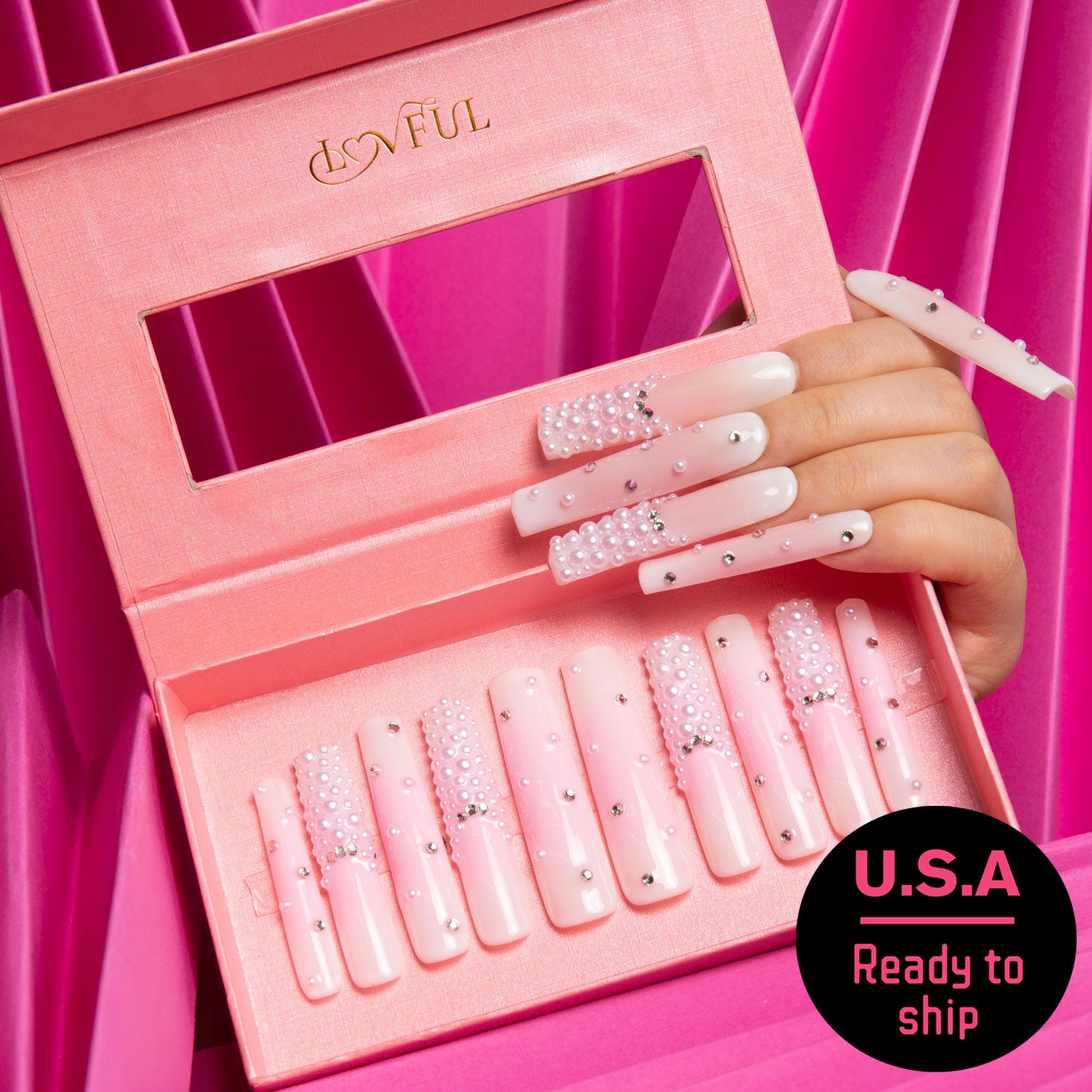 Sakura Spring press-on nails, square shape, ready to ship from USA, Lovful.com