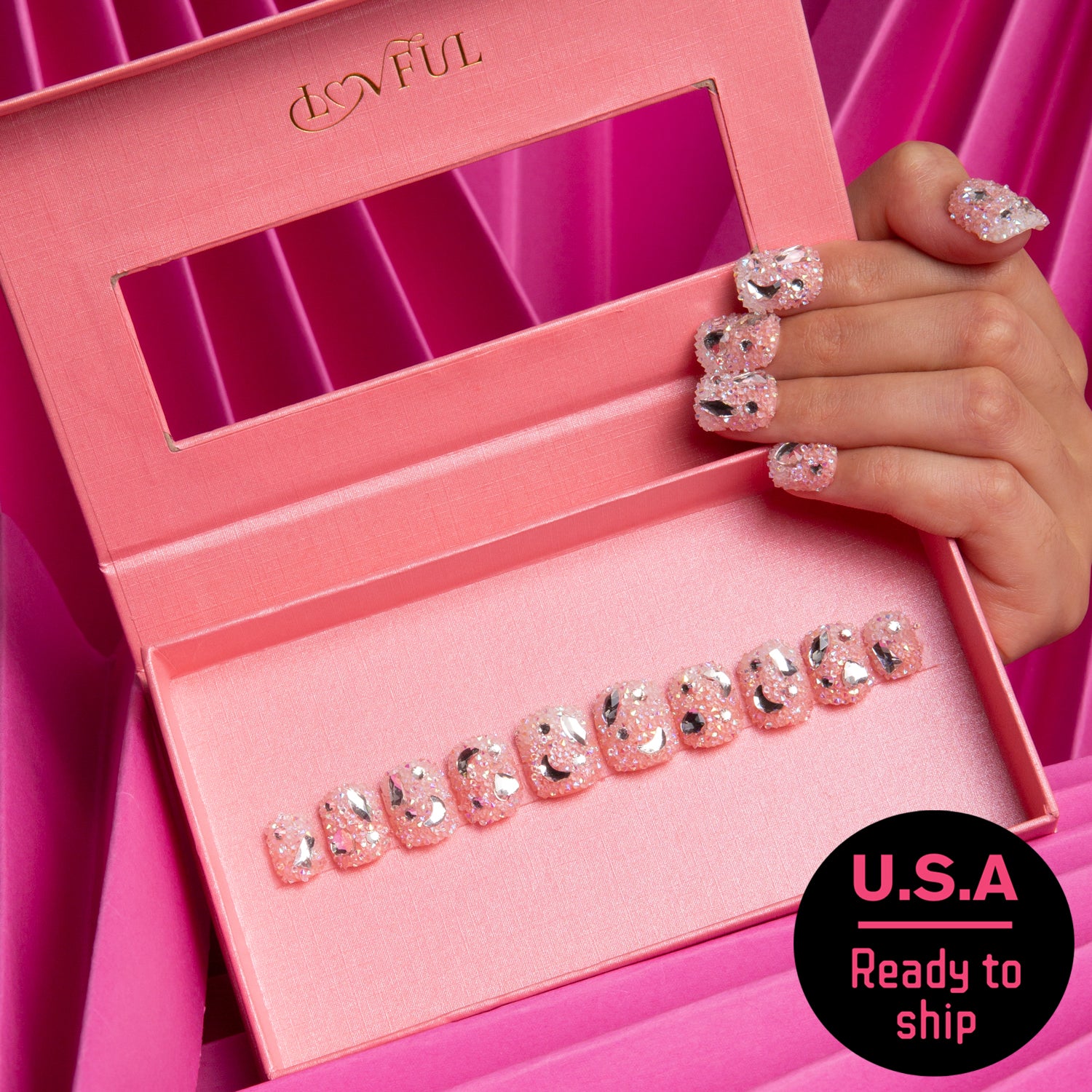 Pink Square Rhinestone Press-on Nails Ready to Ship