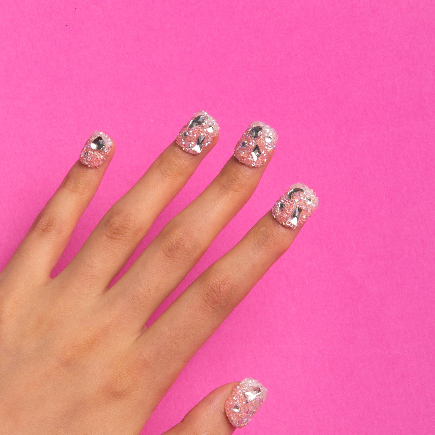 Pink square press-on nails with rhinestones, ready to ship