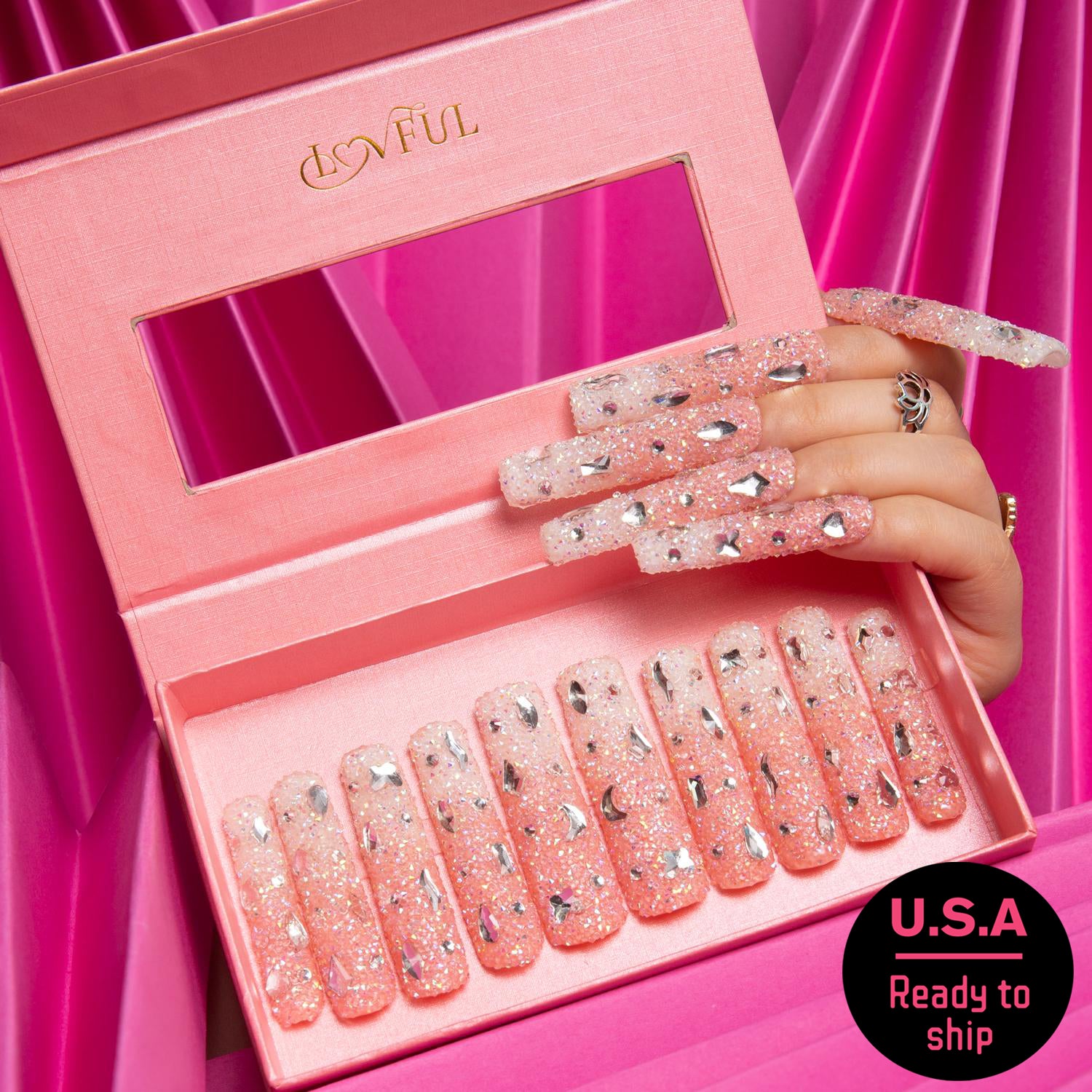 Berry Shake Pink Square Press-on Nails with rhinestones, Ready to Ship