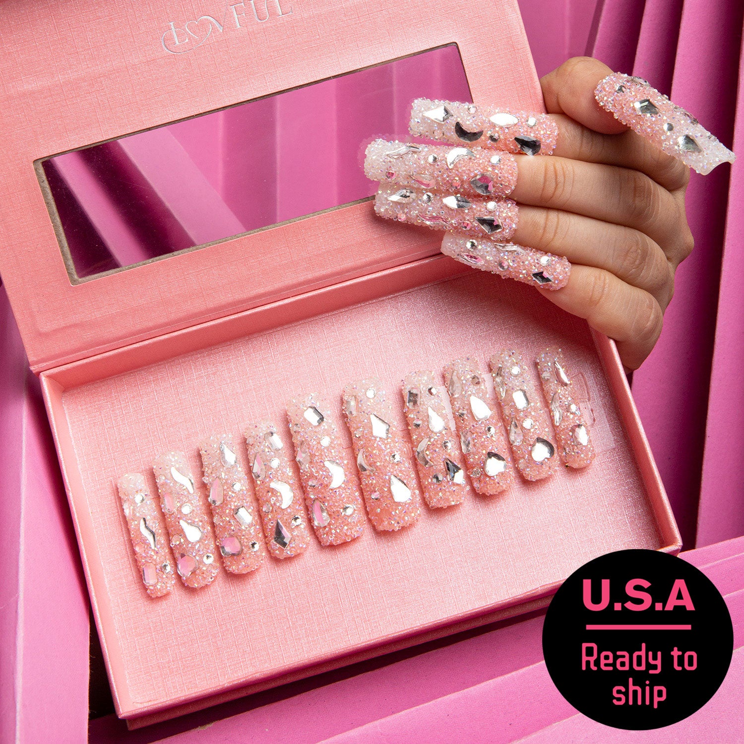 Pink Square Press-on Nails with Rhinestones - Ready to Ship