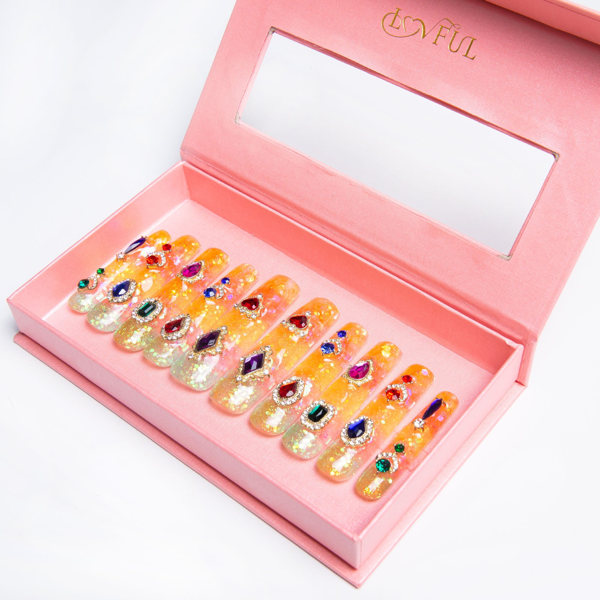 Coral Dream Rhinestone Handmade Nails H59