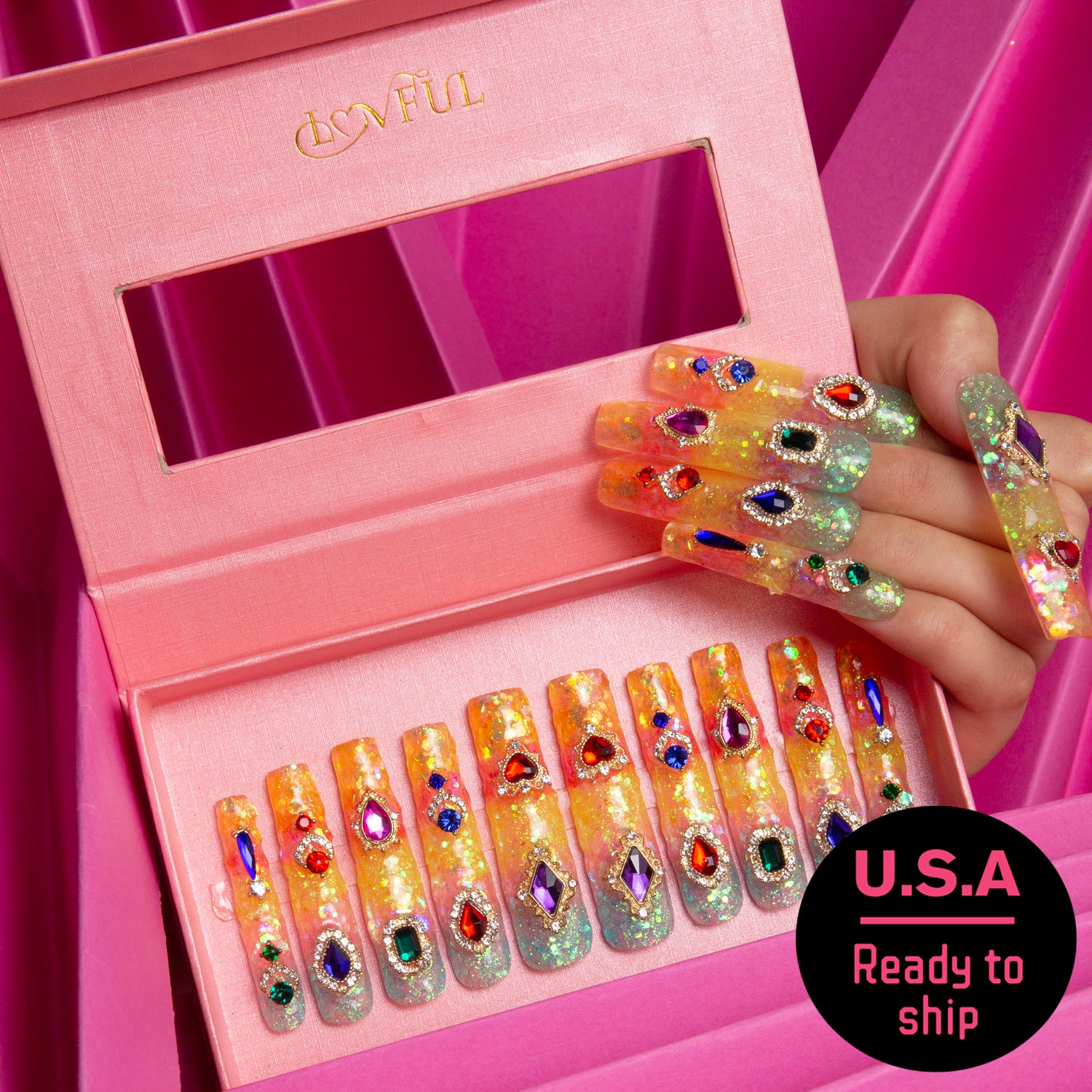 Coral Dream Rhinestone Square Press-on Nails - Ready to Ship