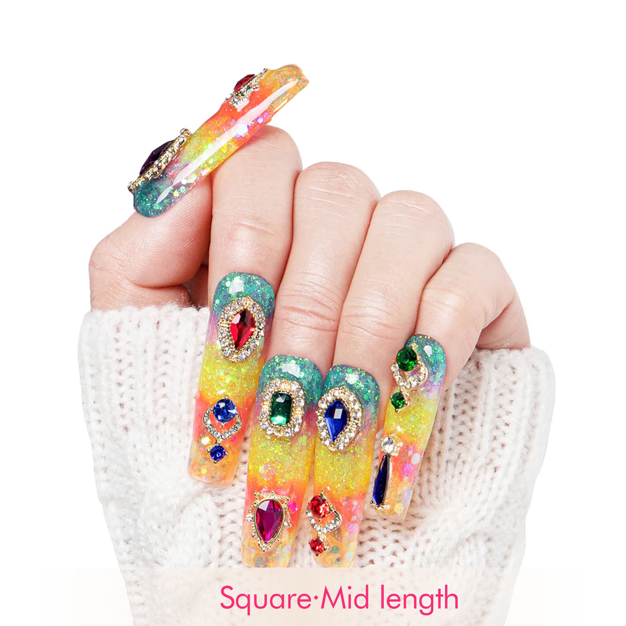 Coral Dream Rhinestone Handmade Nails H59