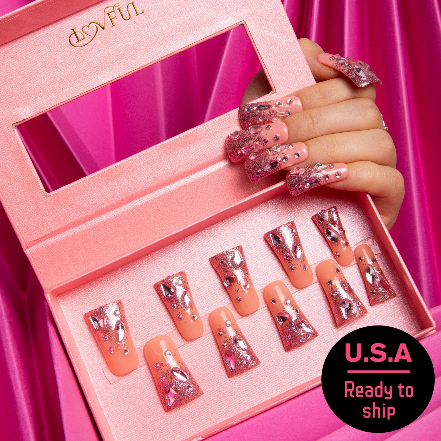 Pink Glitter Handmade Duck Nails H60 RTS