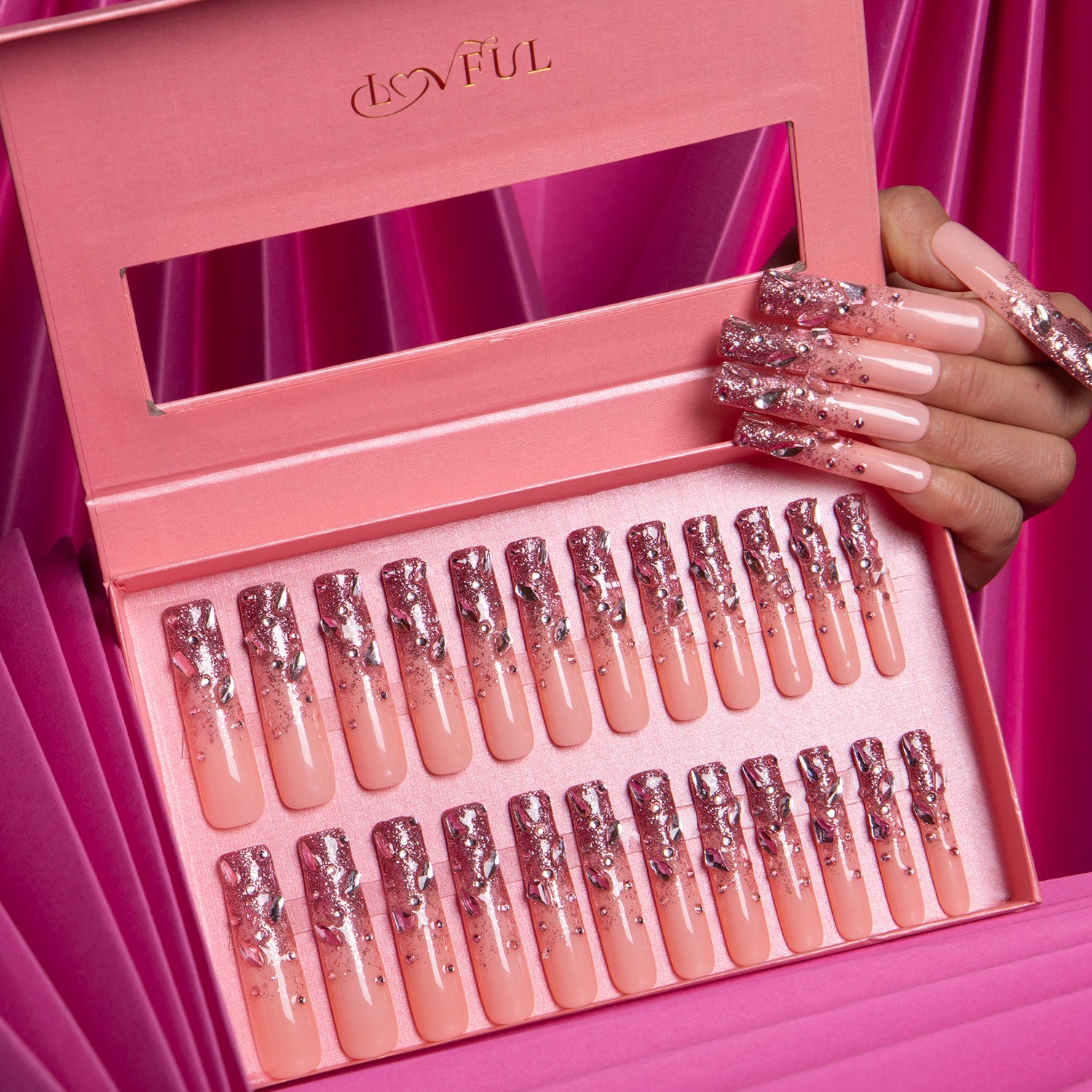 Lovful Pink Glitter Press-on Nails H60, 24pcs