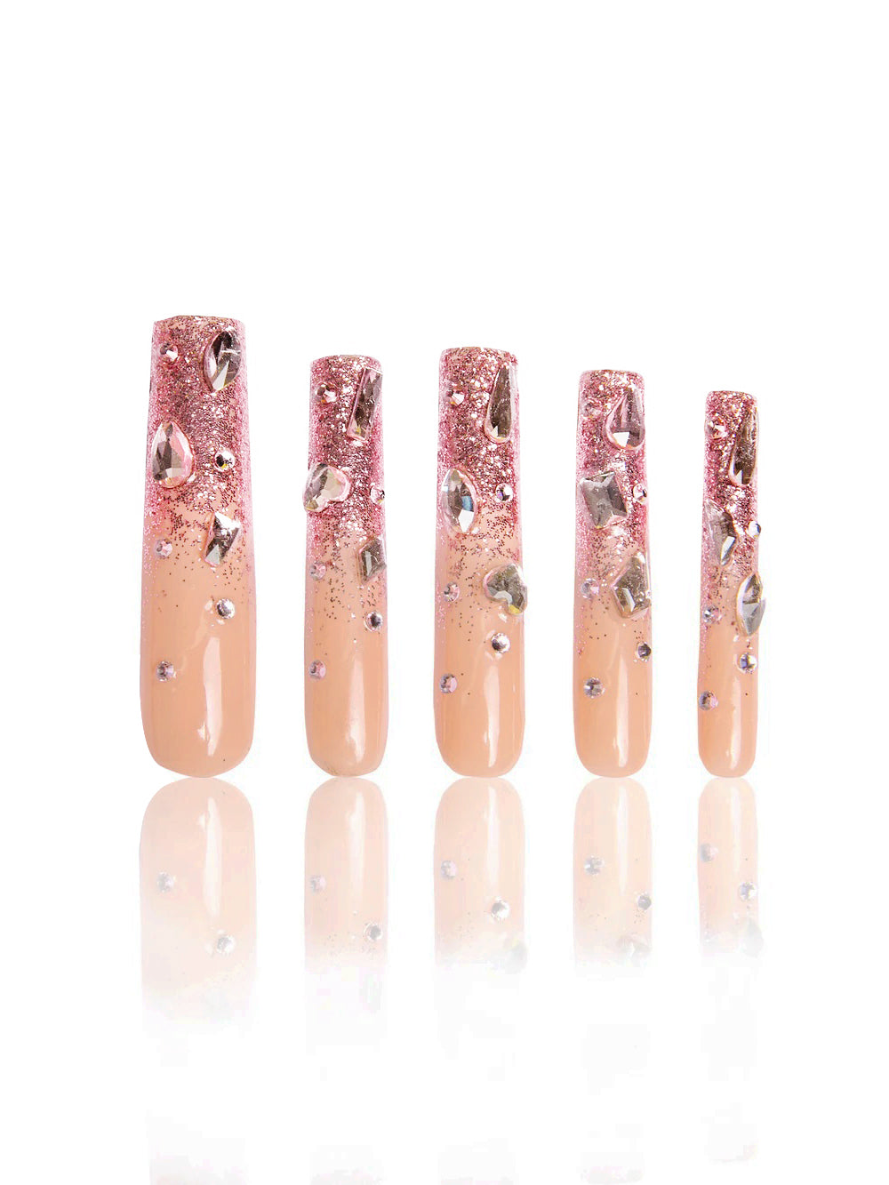 Pink glitter square press on nails with rhinestones, ready to ship