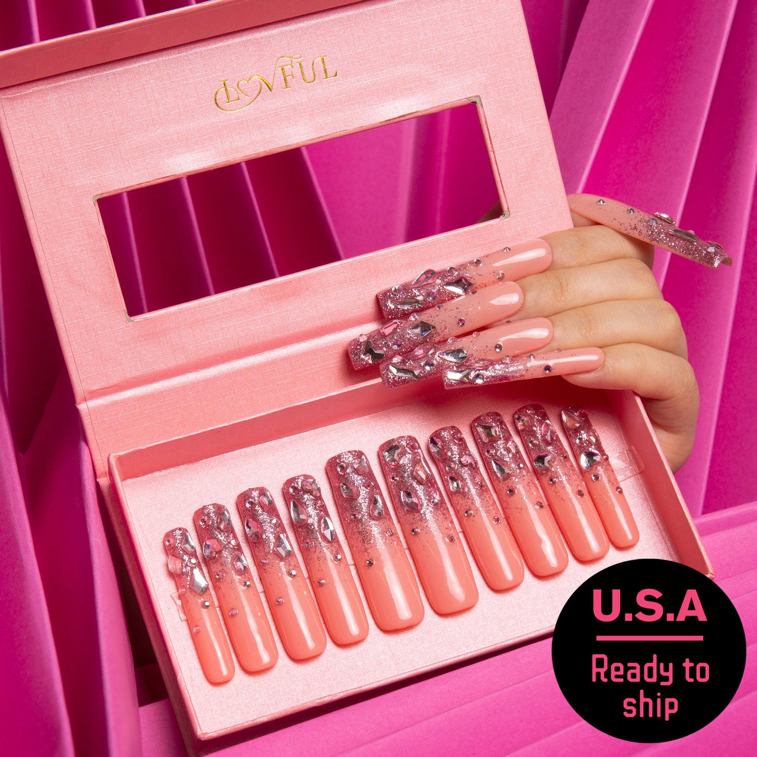 Pink glitter square press on nails, ready to ship from USA