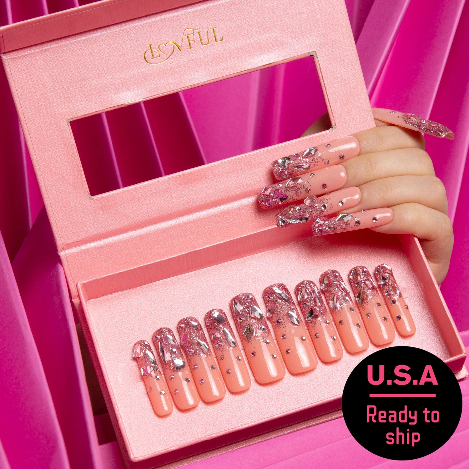 Pink glitter square press on nails with rhinestones, ready to ship