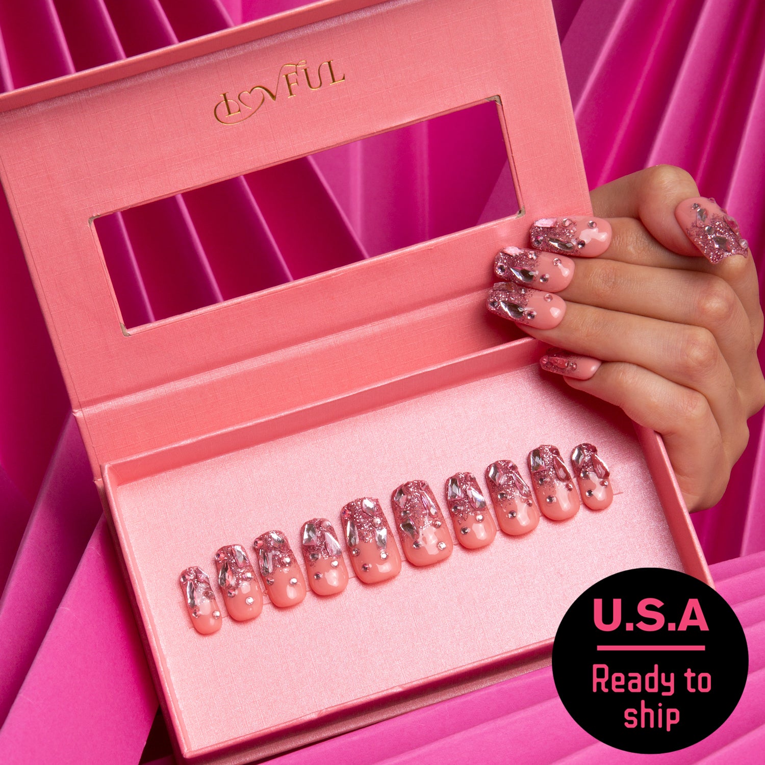 Pink glitter square press on nails, ready to ship from USA
