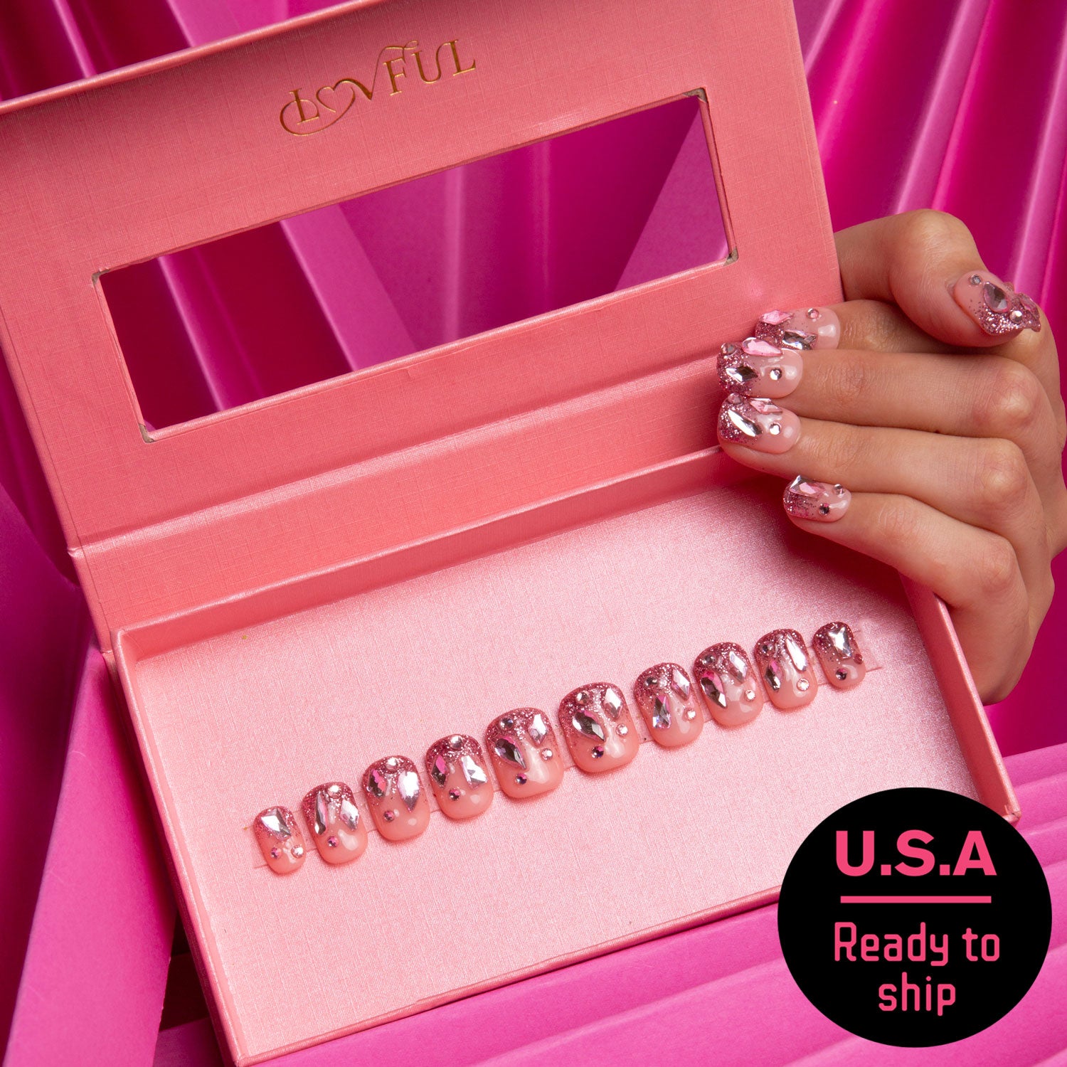 Pink glitter square press on nails with rhinestones, ready to ship USA