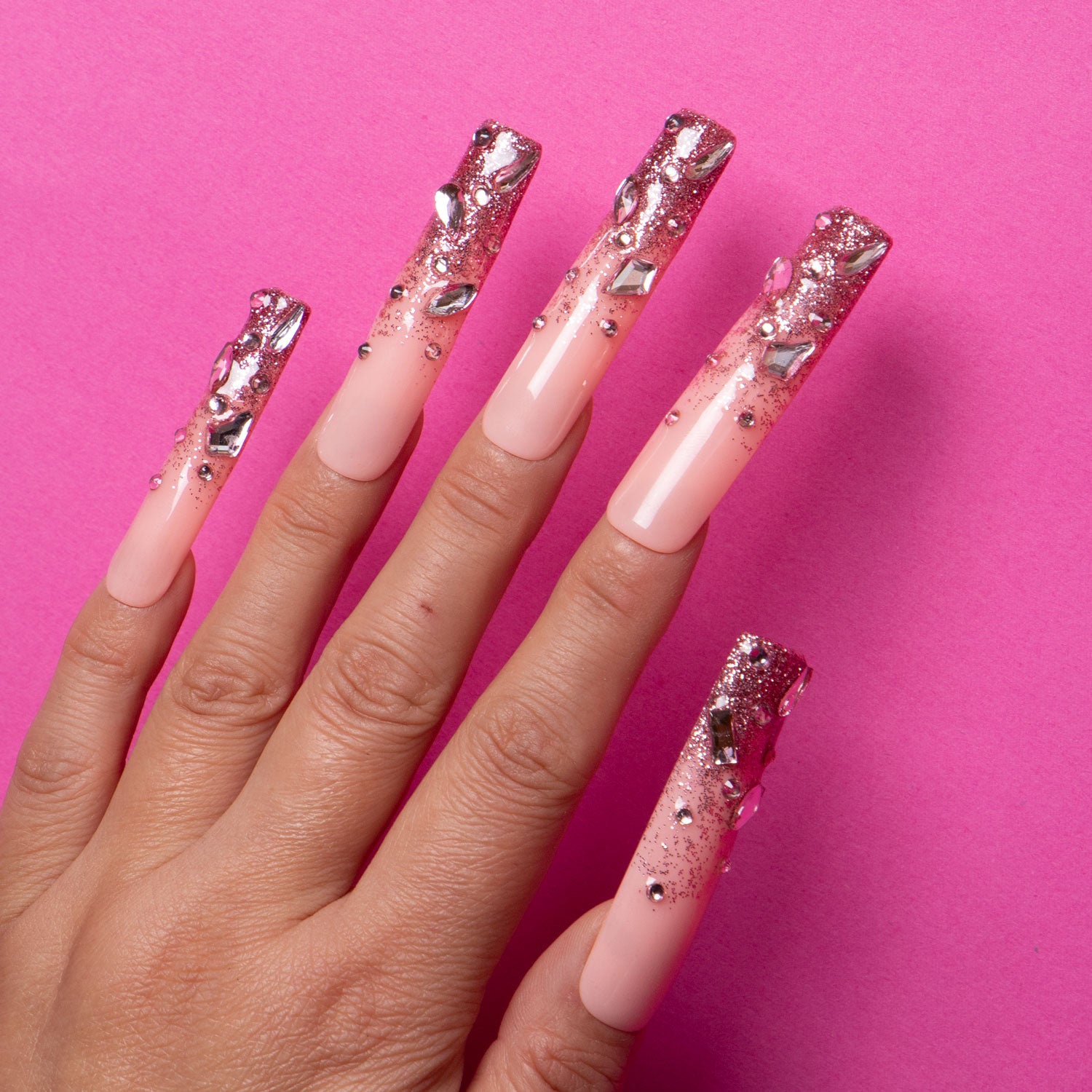 Pink glitter press-on nails with rhinestones, H60 style, Lovful