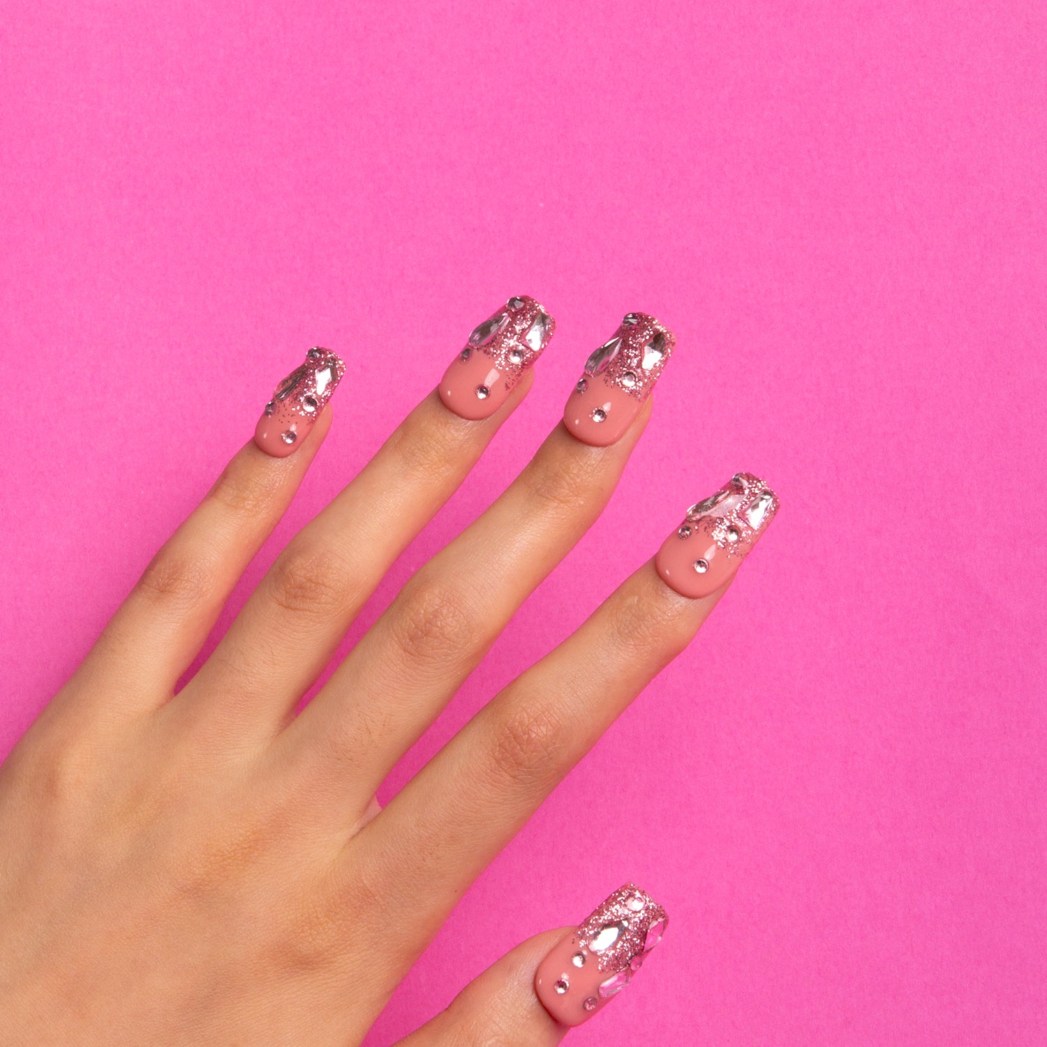 Pink glitter square press on nails with rhinestones
