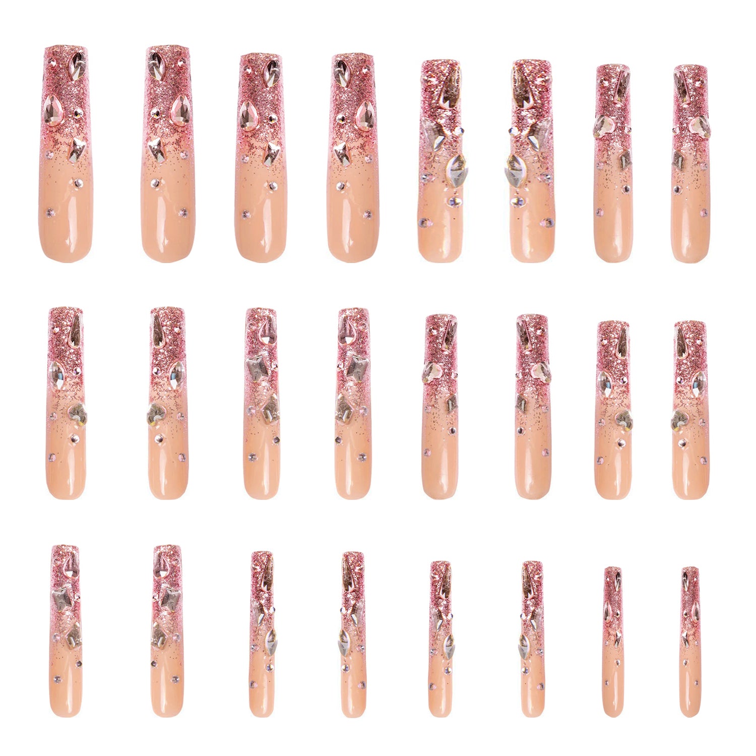 Pink glitter press-on nails with rhinestones, H60 style