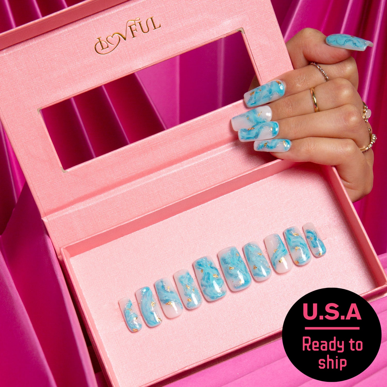Blue Bay Wave Blue Handmade Square Nails H63 RTS