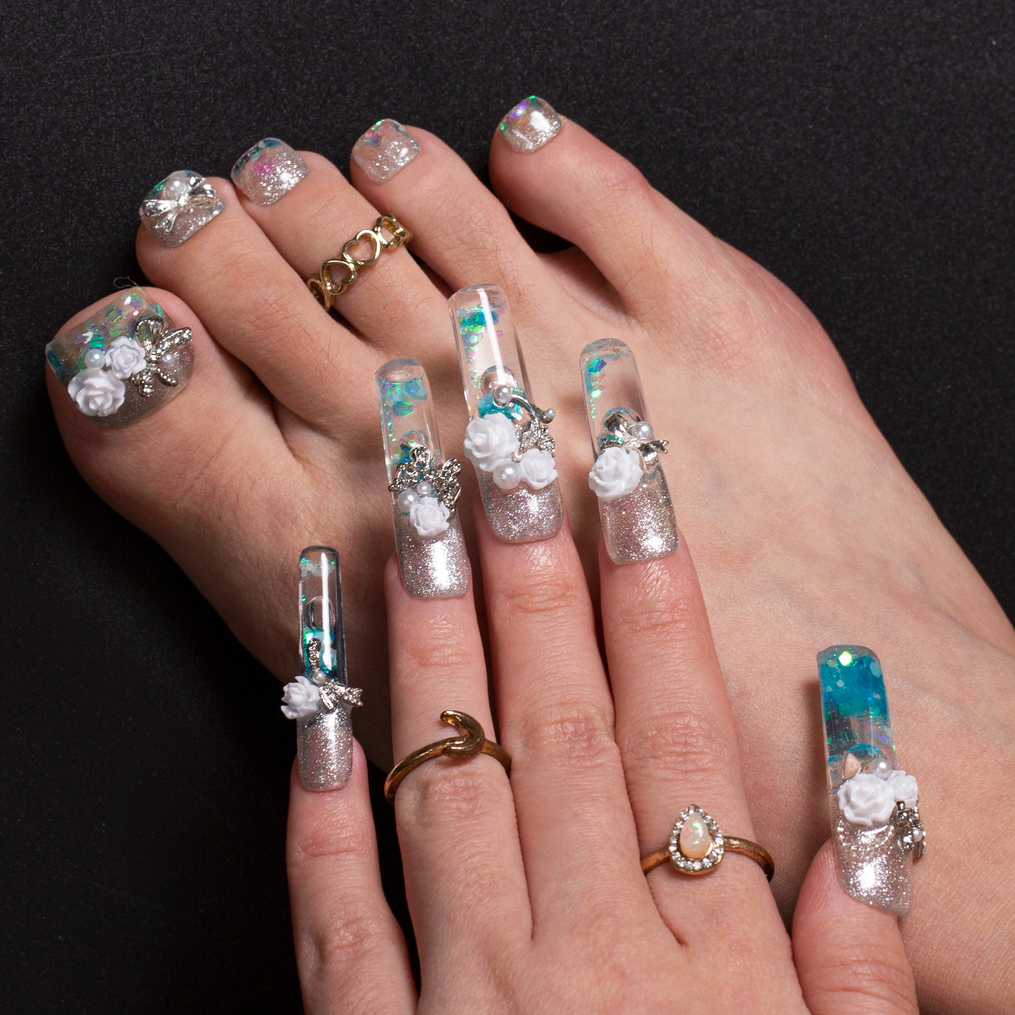 Frozen Garden Combo Set Handmade Fluid Glitter Nails GLOW IN THE DARK H631+T631