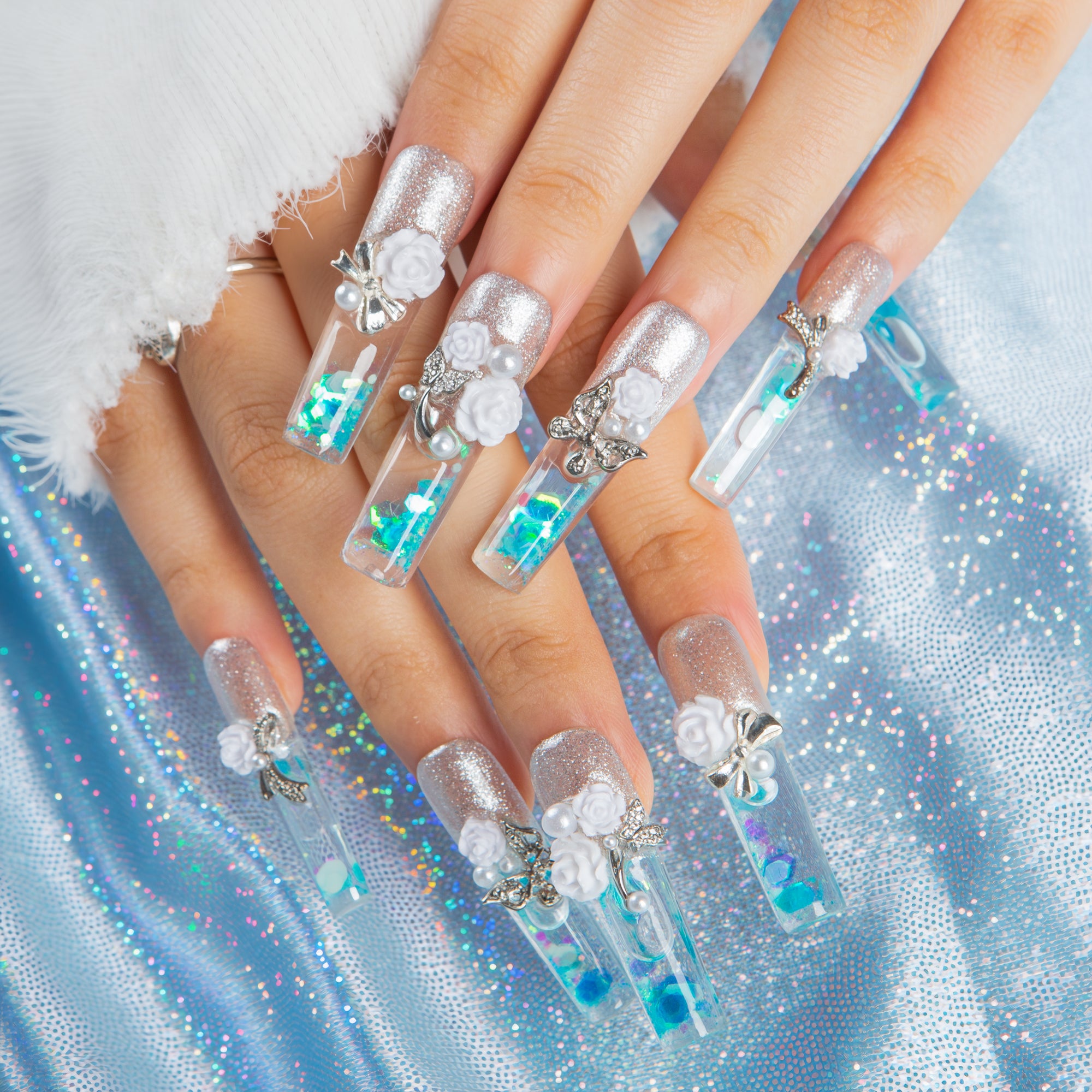 Frozen Garden Handmade Fluid Glitter Nails GLOW IN THE DARK H631