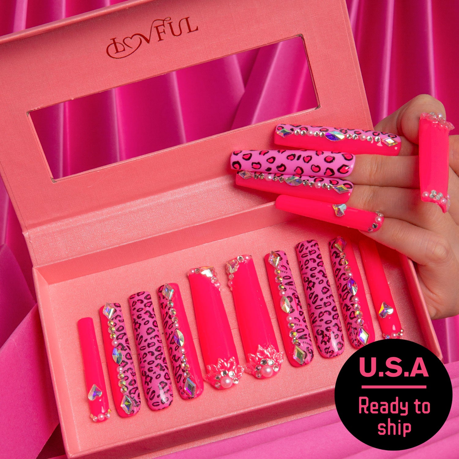 Pink leopard press on nails, square shape, ready to ship