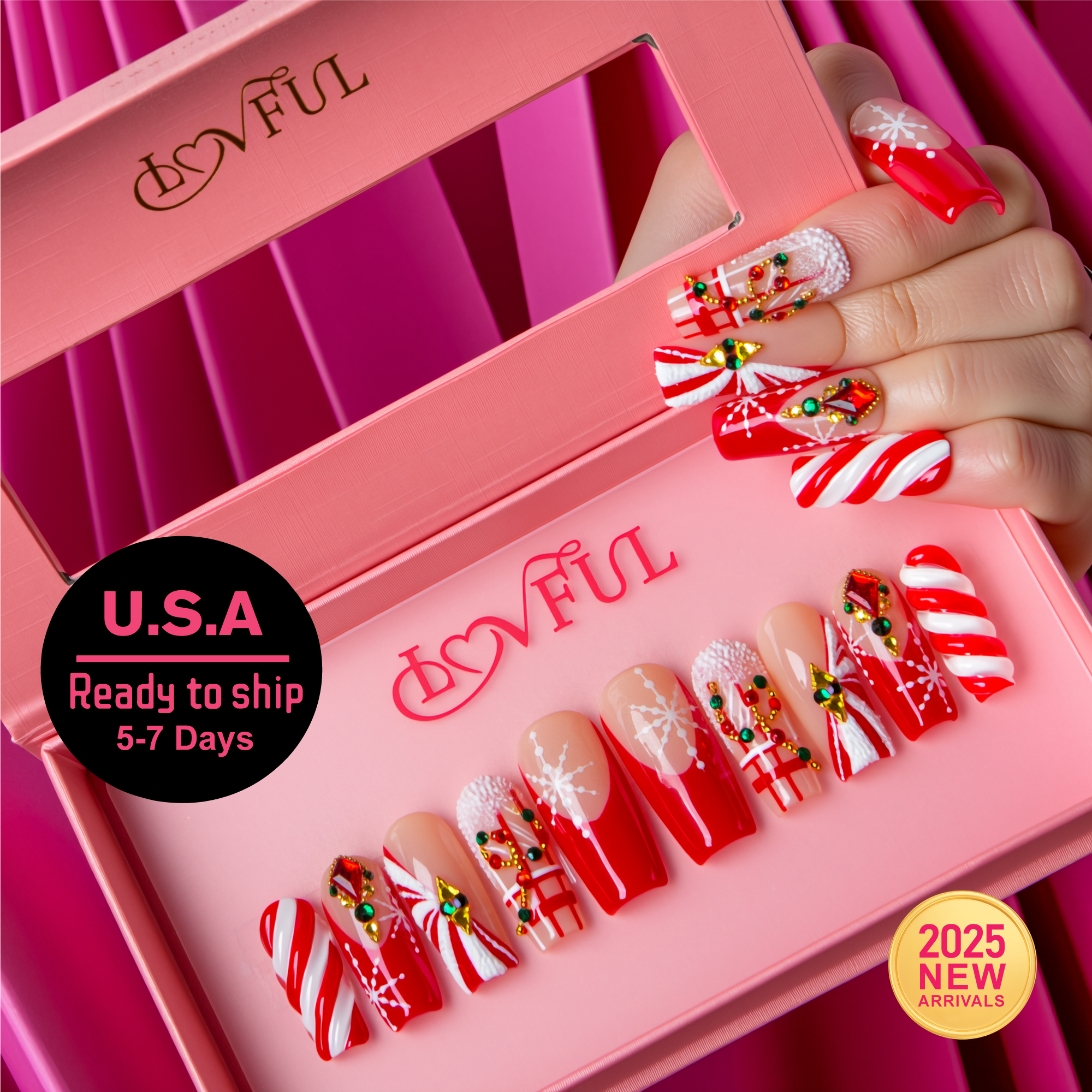 Candy Noel Handmade Square Nails H675 RTS