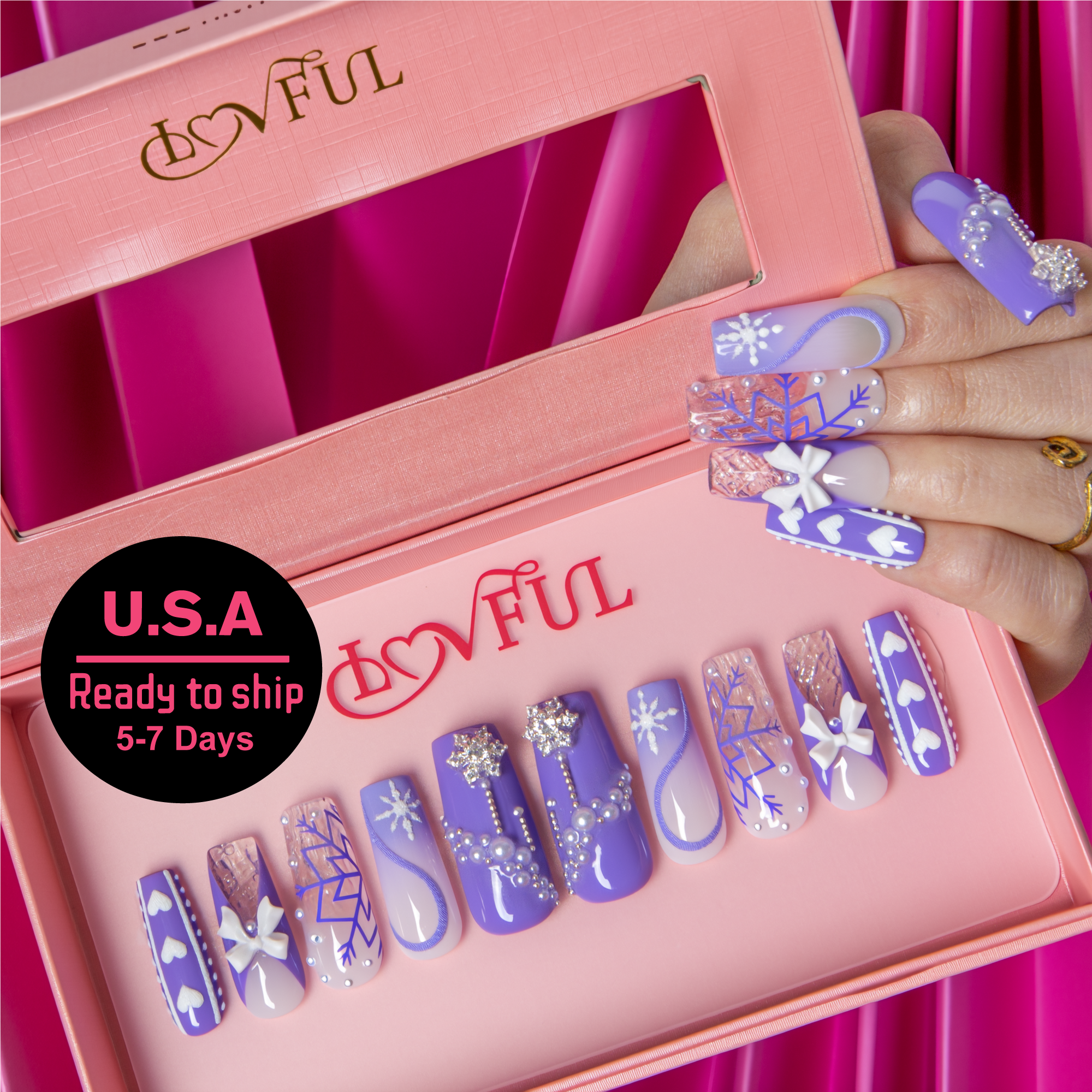 Lavender Snow Handmade Square Nails H697 RTS