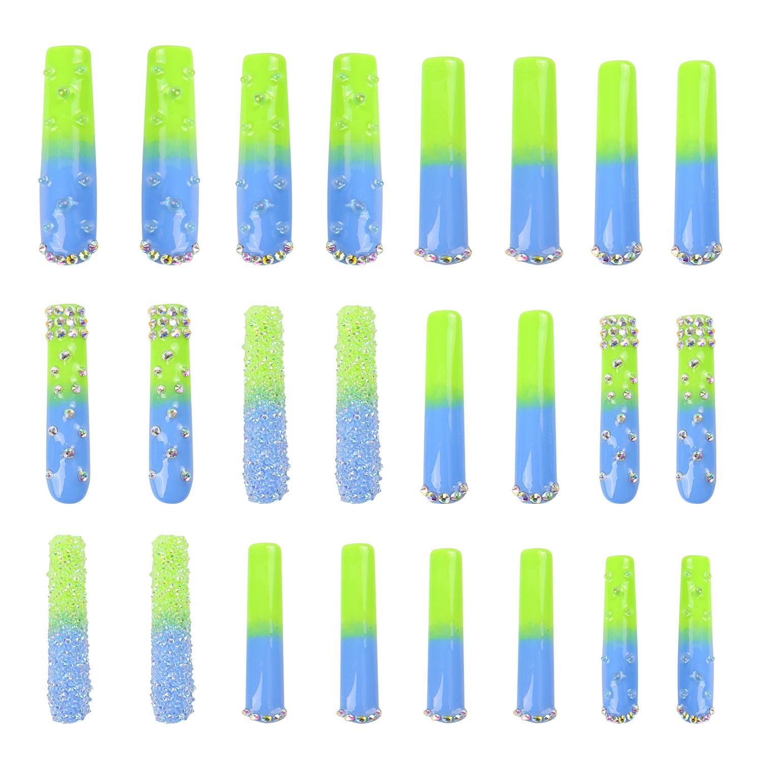 Dreamy Sky Luxury Nails - Blue and Green Ombre Press-Ons with Rhinestones