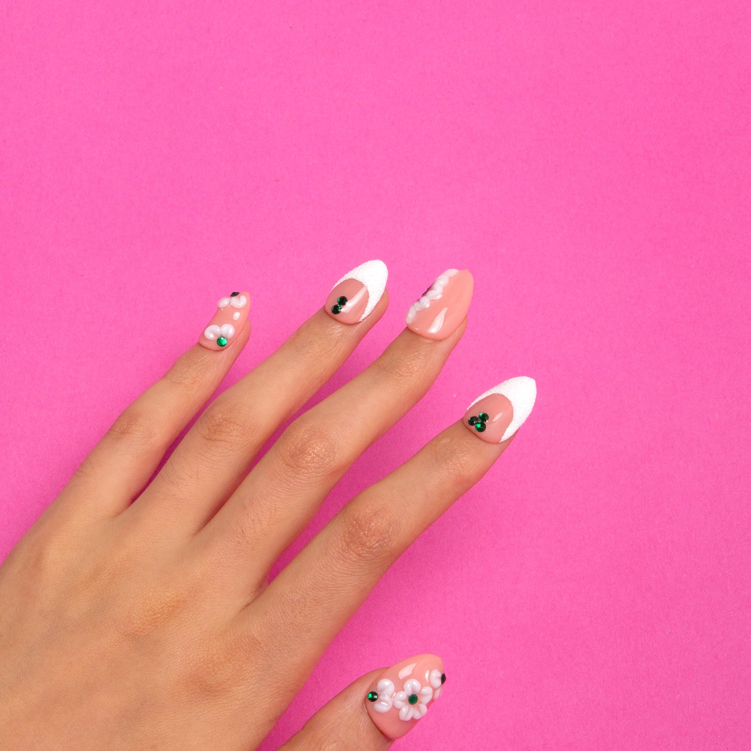 Floral French Tip Handmade Almond Nails H70 RTS