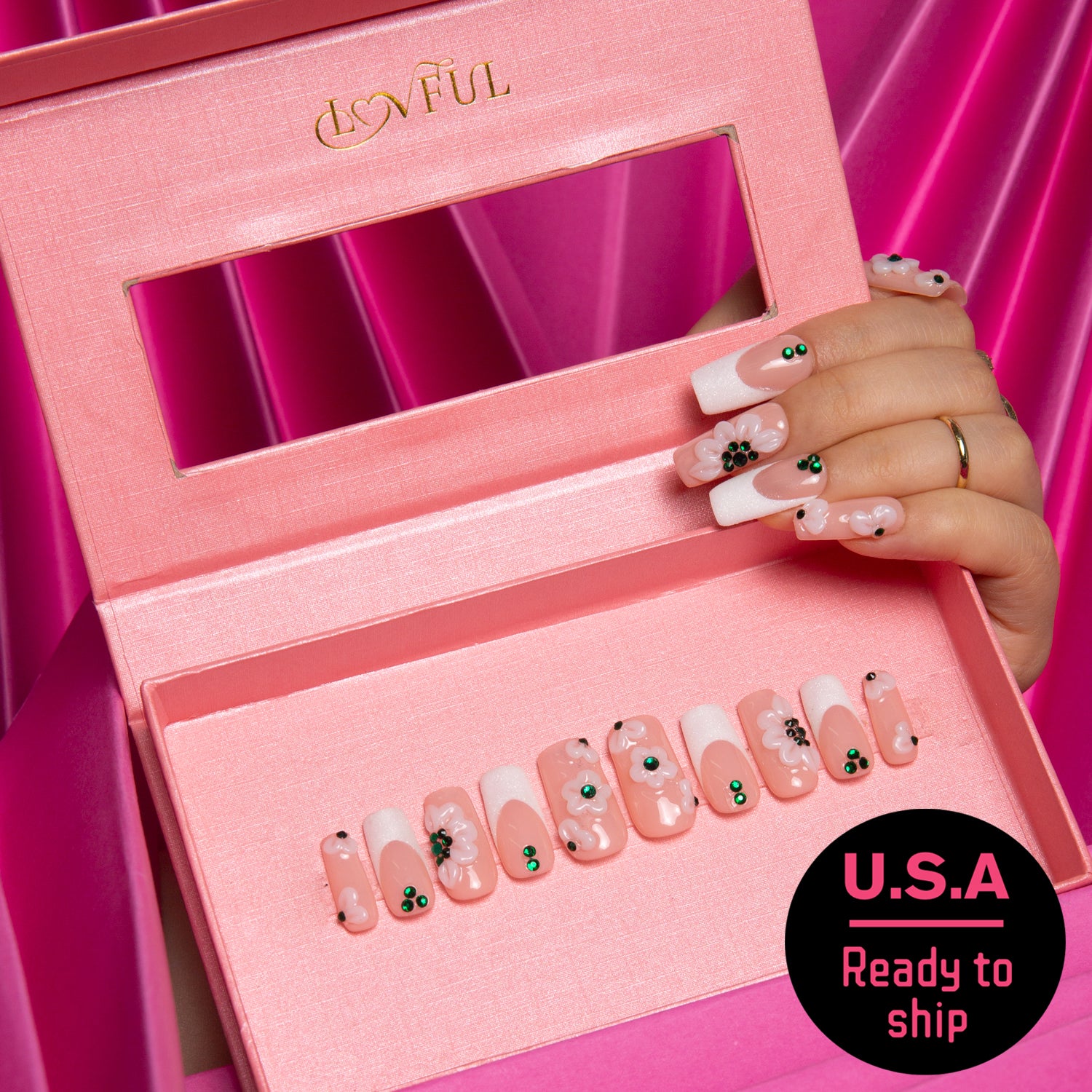 Floral French Tip Handmade Square Nails H70 RTS