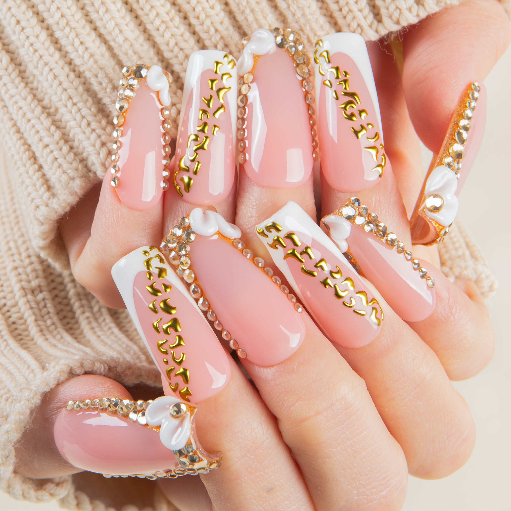 Gold Crystal Handmade Square Nails H706 RTS