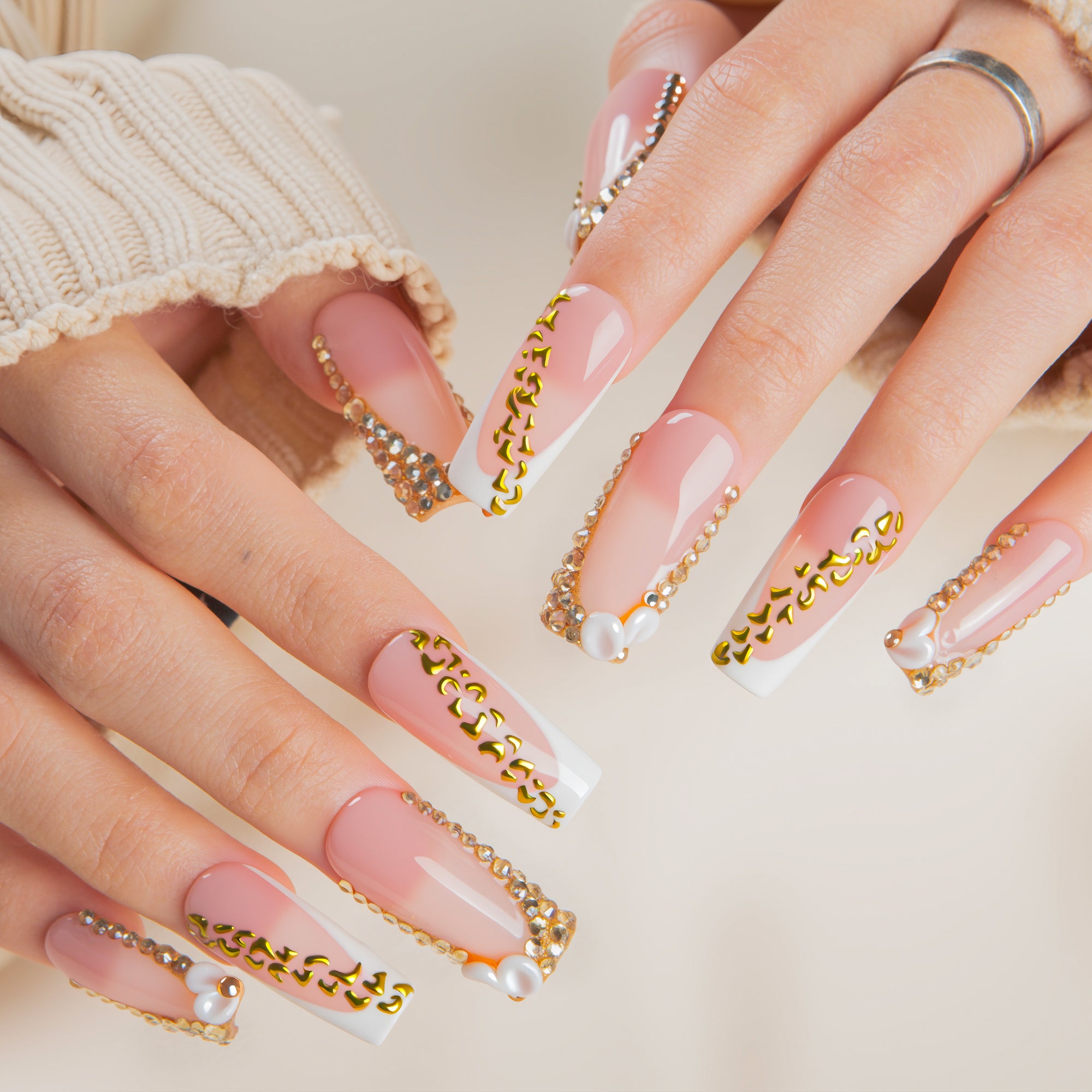 Gold Crystal Handmade Square Nails H706 RTS