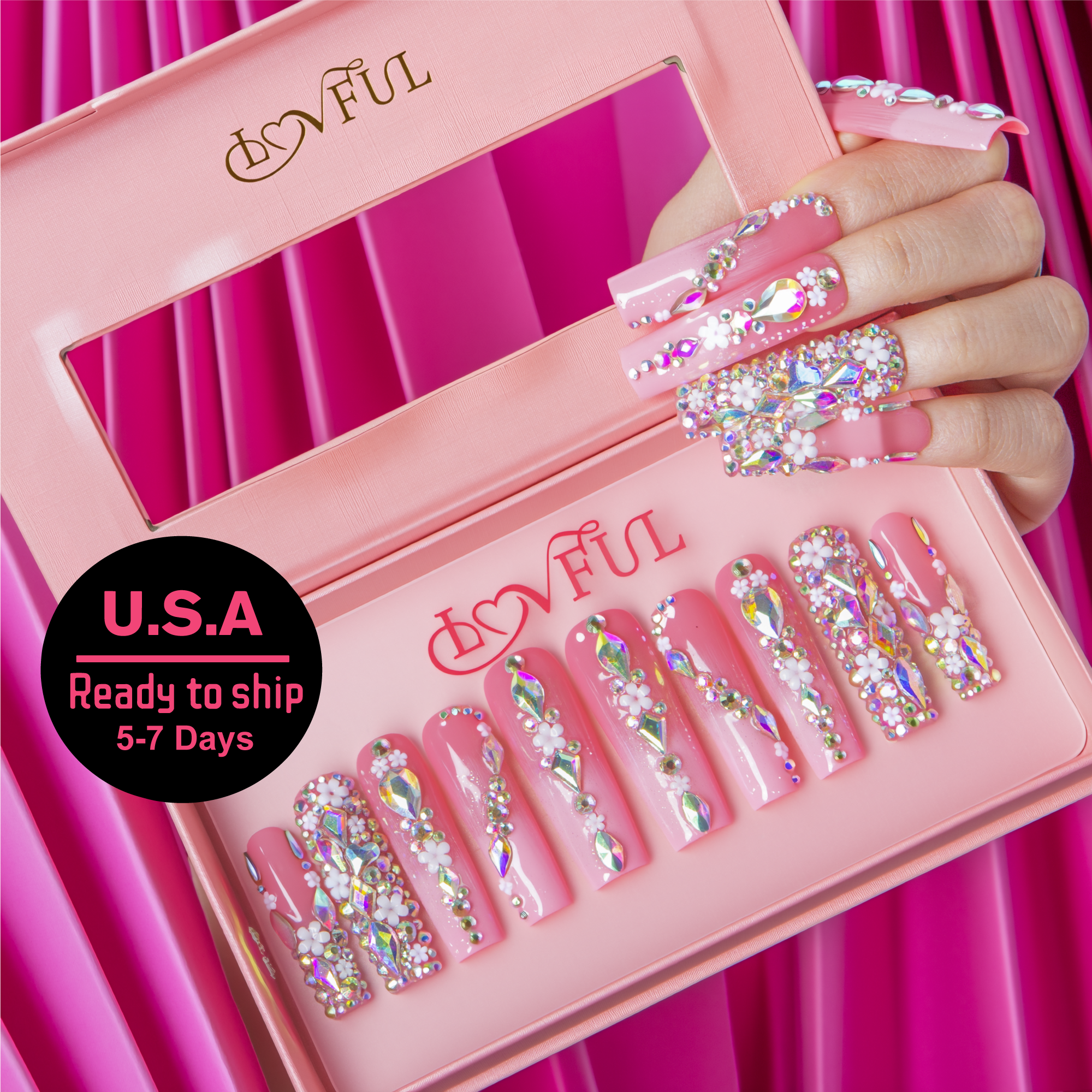 Pink Crystal Dream Handmade Square Nails H708 RTS