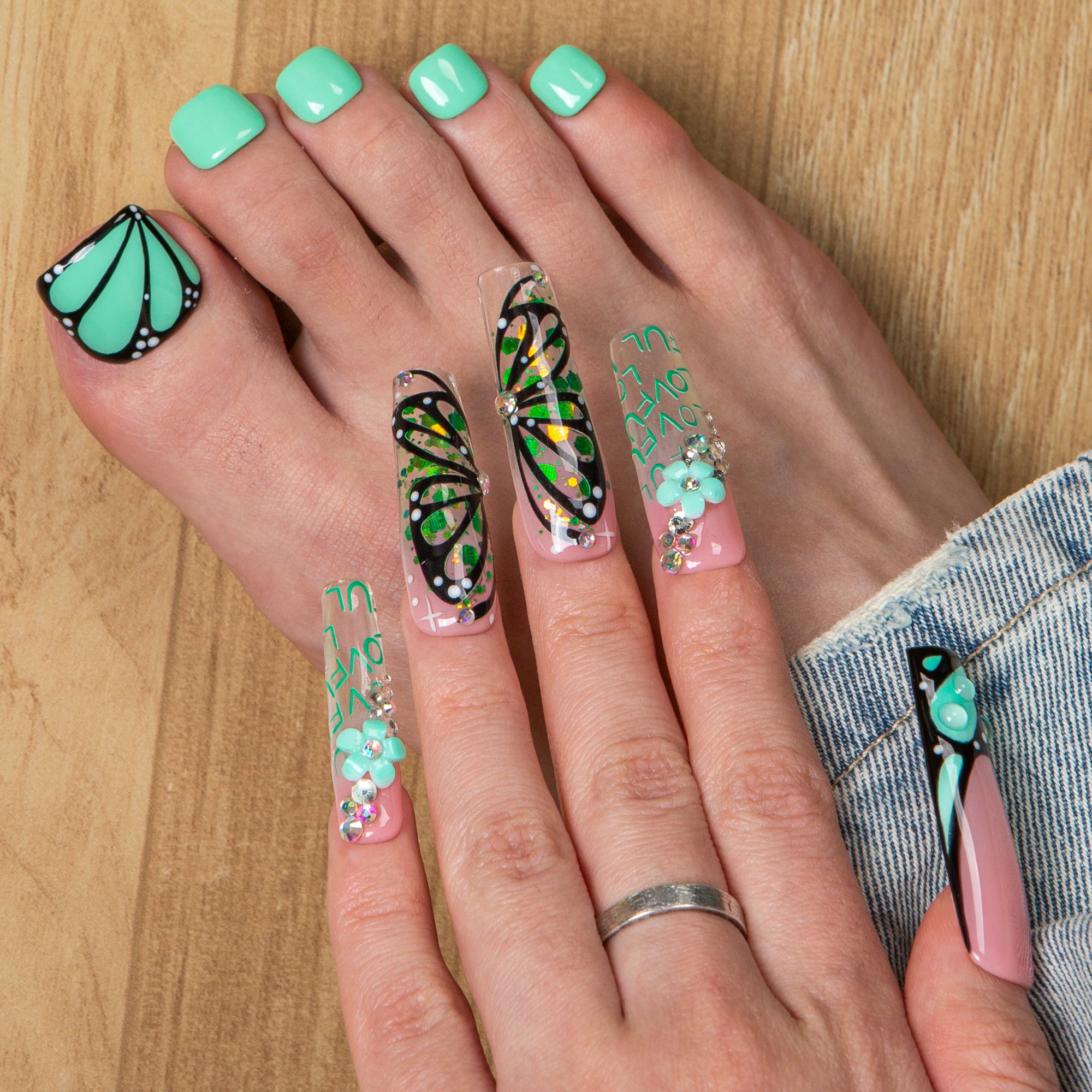 Teal Flutter Combo Set Handmade Nails H724+T724