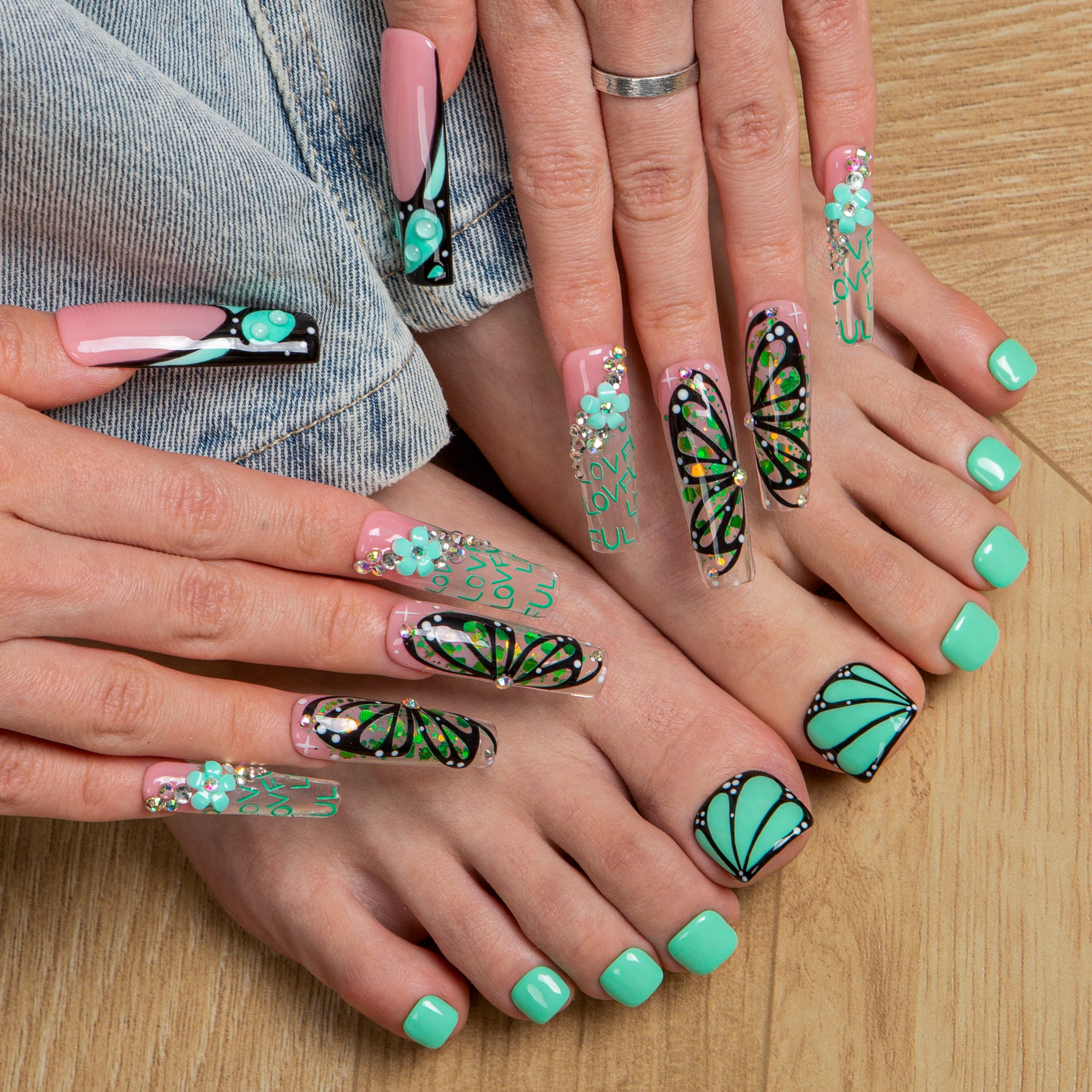 Teal Flutter Combo Set Handmade Nails H724+T724