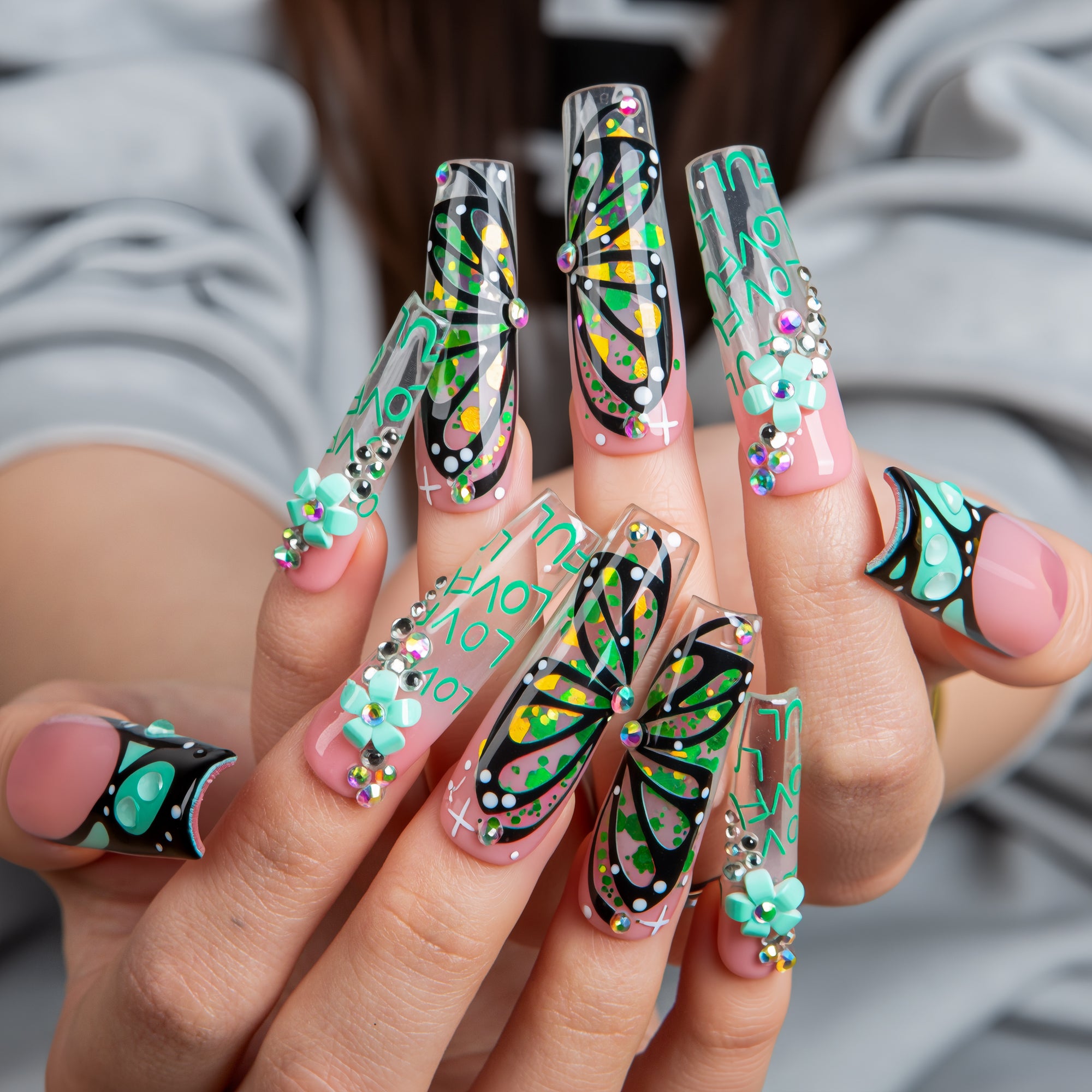 Teal Flutter Handmade Nails H724