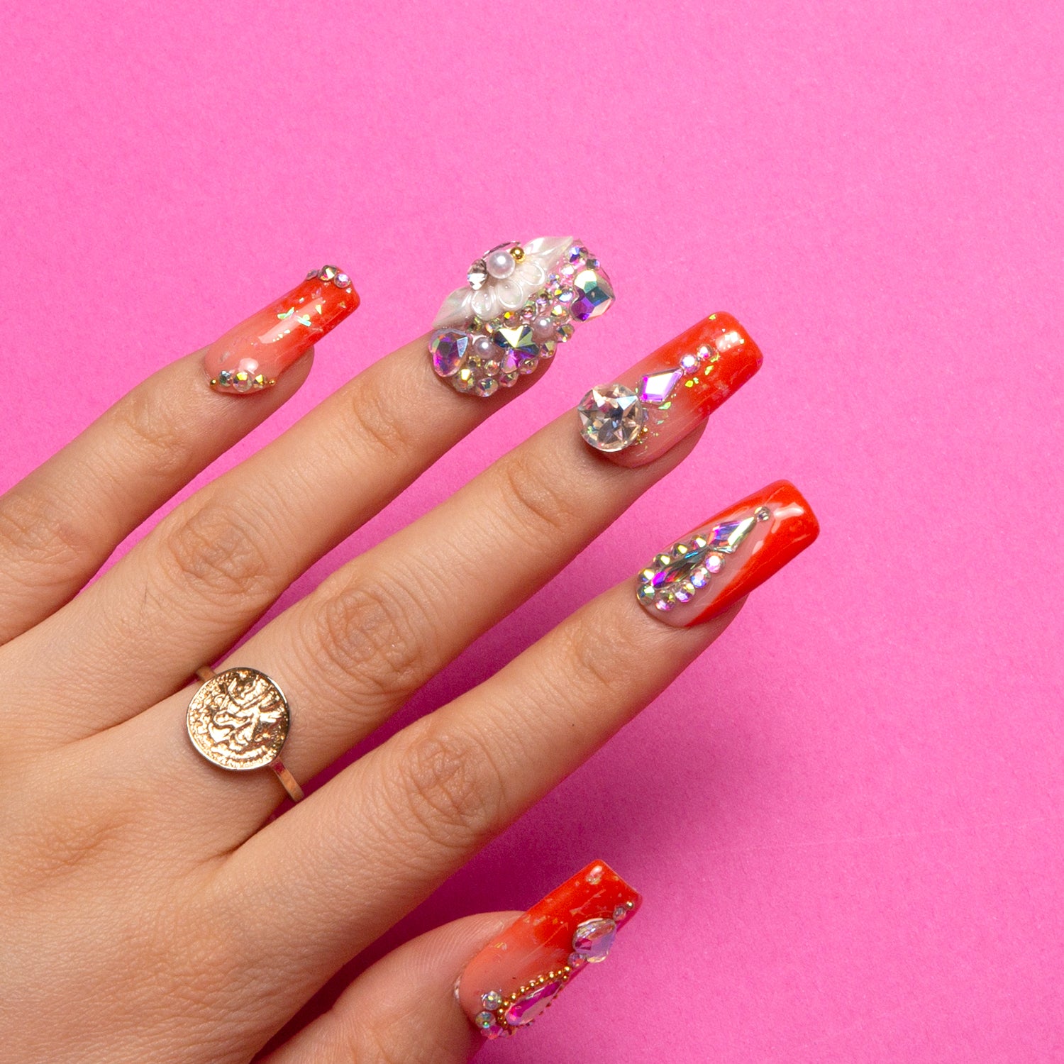 Sleeping Beauty Press-on Nails, Orange Rhinestones, Acrylic