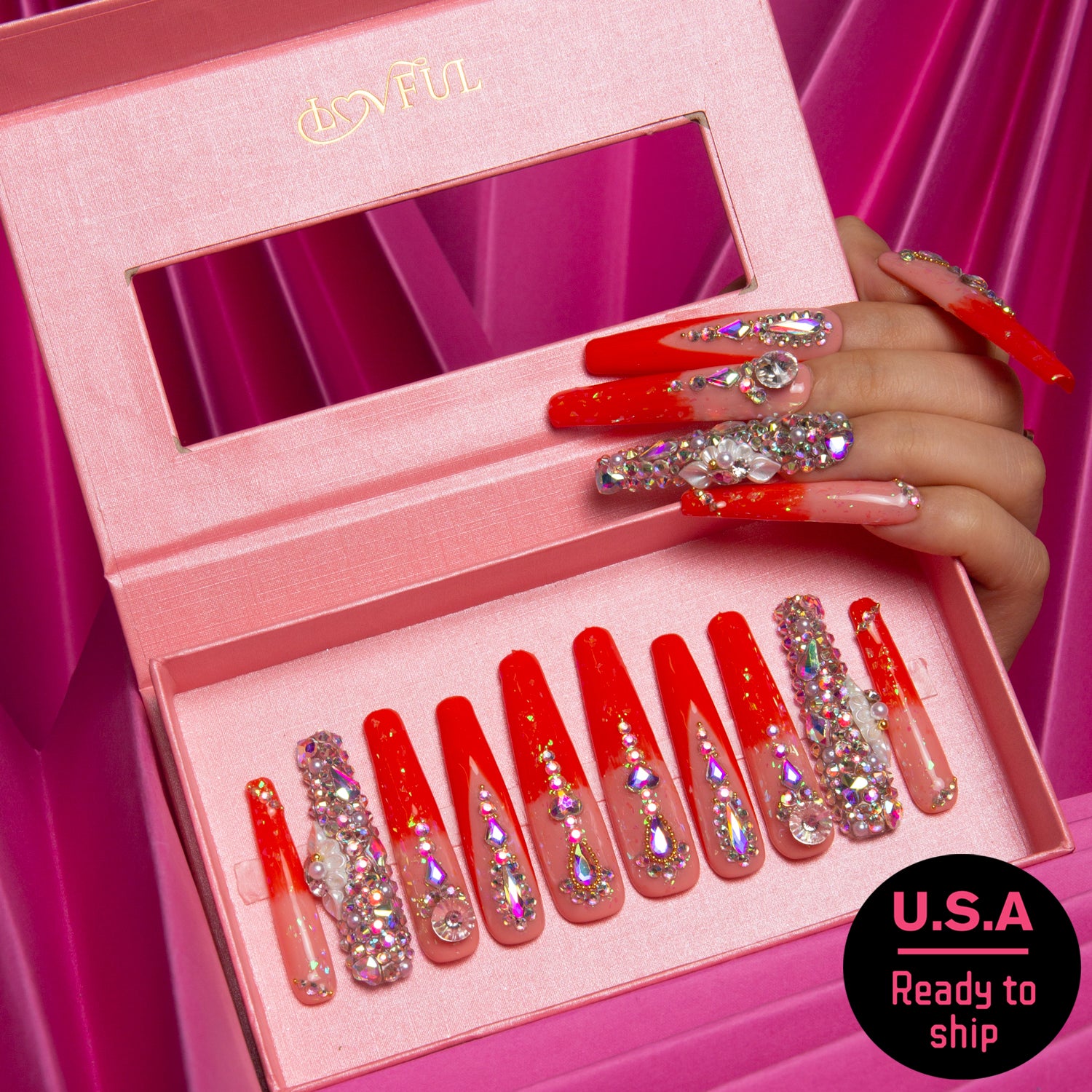 Sleeping Beauty coffin nails with rhinestones, Lovful.com ready to ship